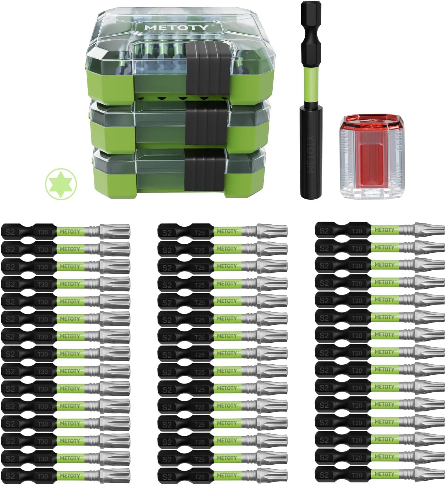 47PCS Impact Torx Screwdriver Bits Set, Magnetic (T20/T25/T30), S2 Steel Torx Driver Bits with a Green Storage Box