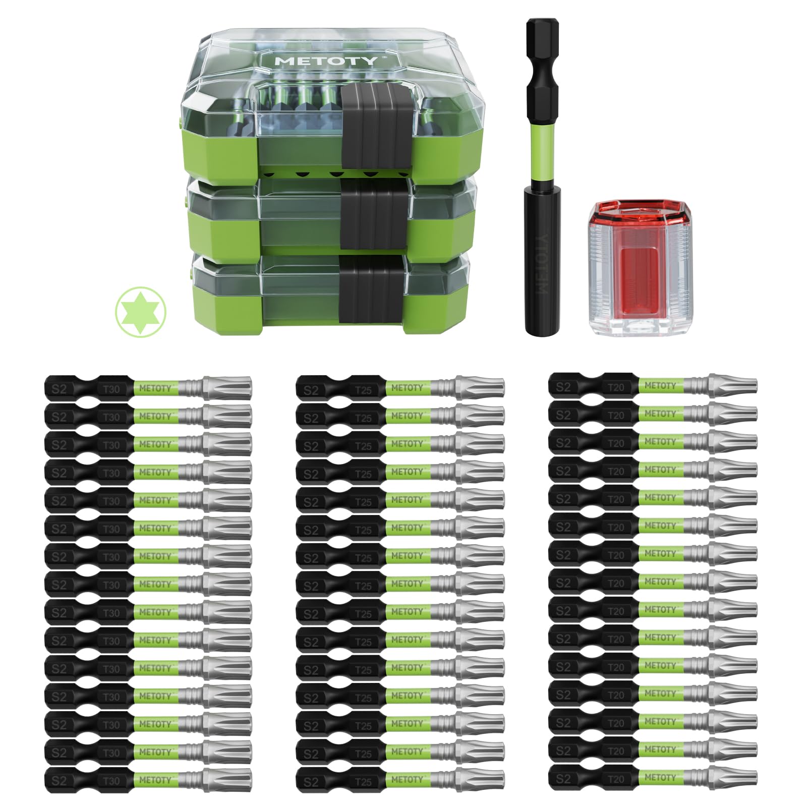 47PCS Impact Torx Screwdriver Bits Set, Magnetic (T20/T25/T30), S2 Steel Torx Driver Bits with a Green Storage Box