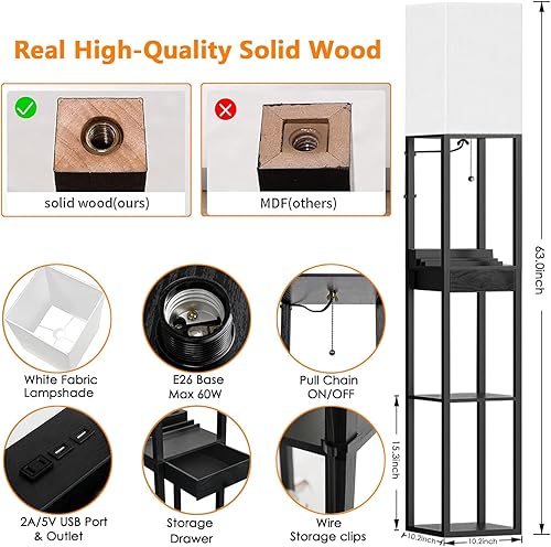 Miniatura 7 de Assemer Lámparas de pie para sala de estar, lámpara de pie alta con estantes y cajón, 2 puertos de carga USB y toma de corriente, bombilla LED