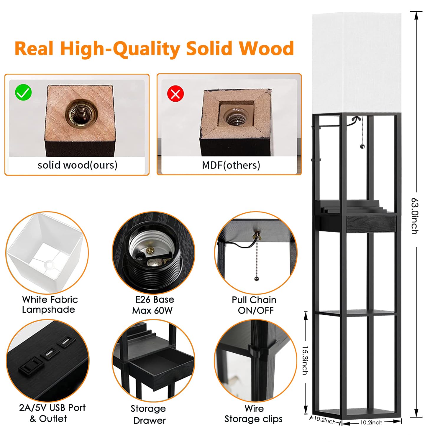 Lámparas de pie para sala de estar, lámpara de pie alta con estantes y cajón, 2 puertos de carga USB y 2 tomas de corriente, bombilla LED brillante de 3CCT incluida, color negro 7