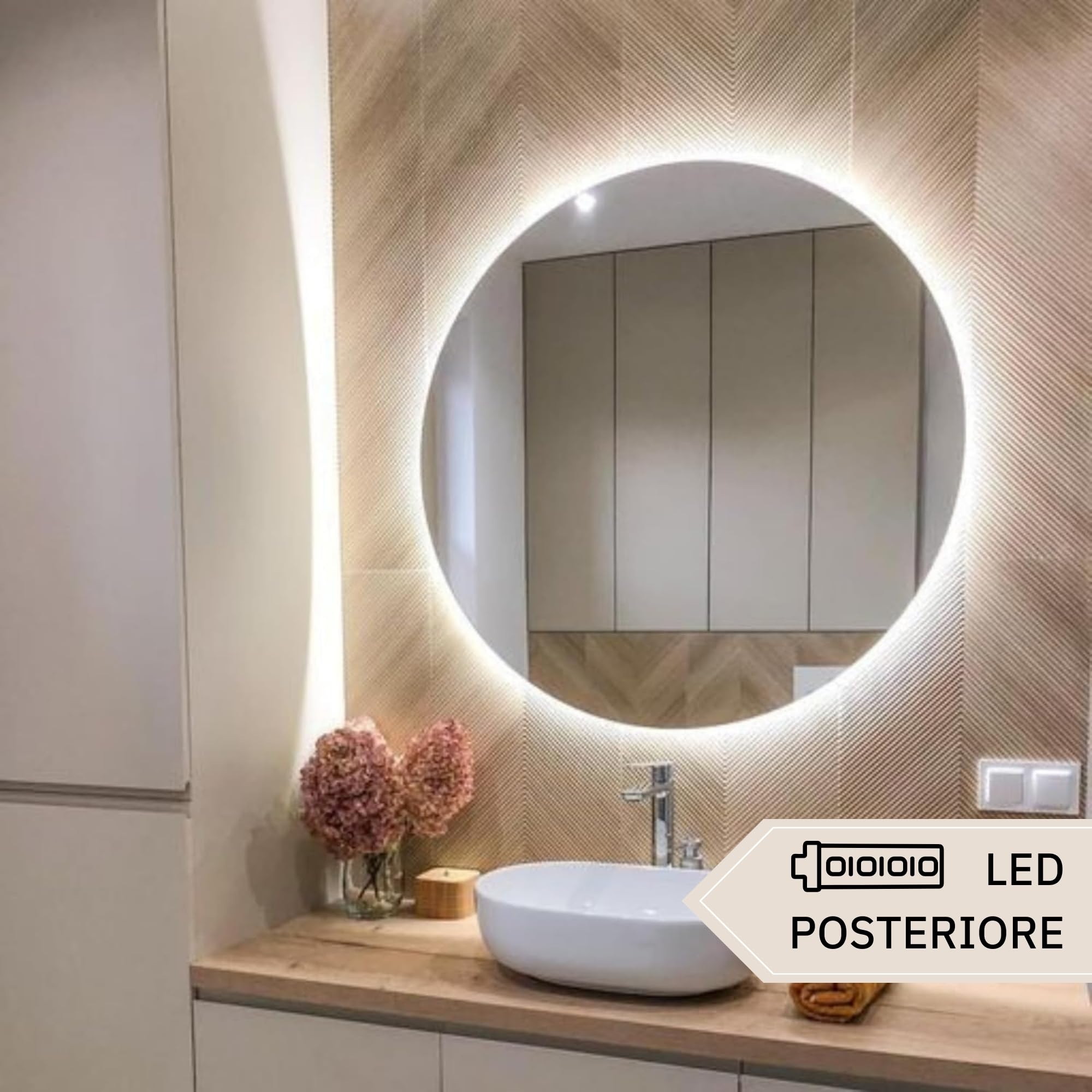 Specchio Rotondo Retroilluminato 80 cm GIANT, Specchio Bagno Led Retroilluminato 4000K Made in Italy, Specchiera Bagno