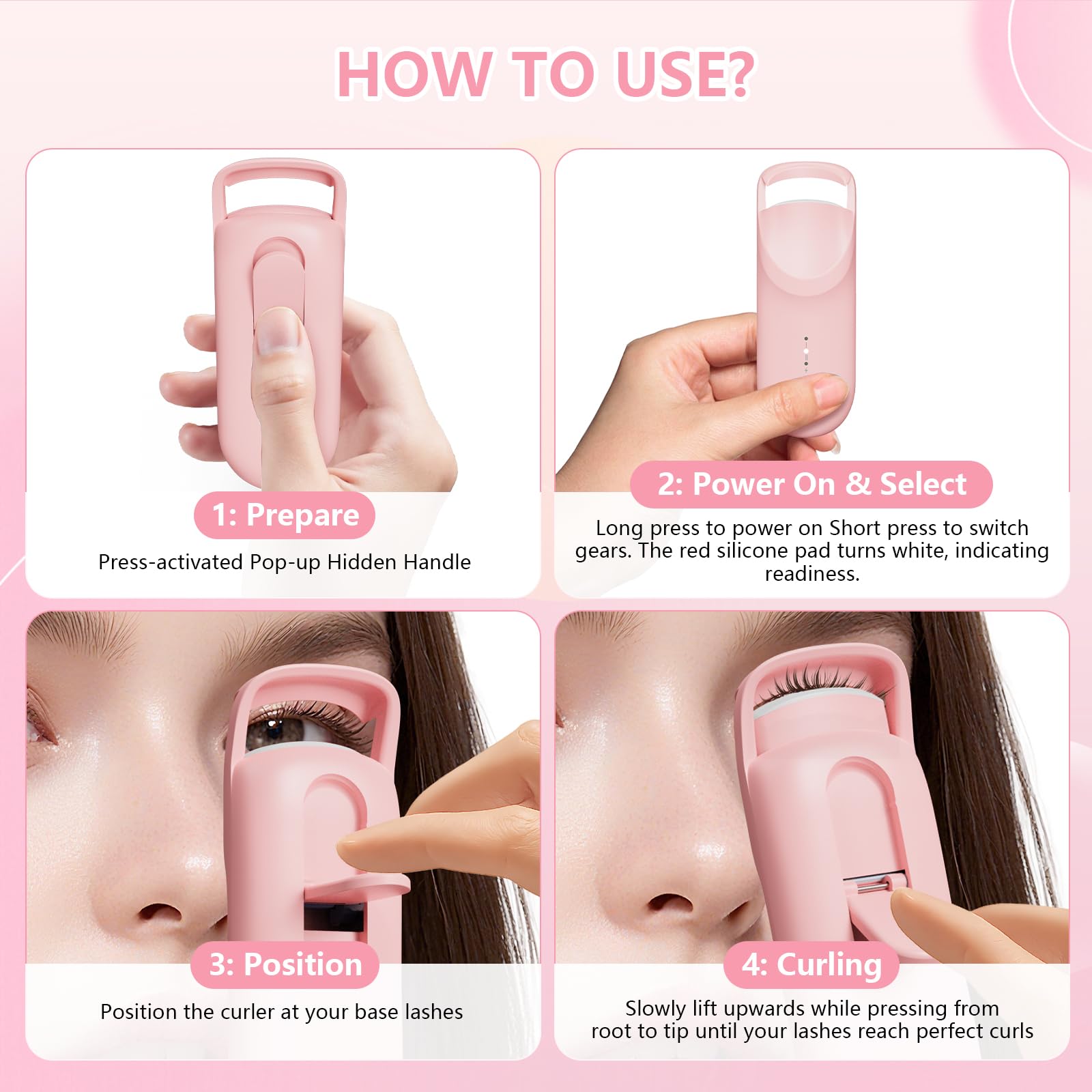 Rizador de pestañas eléctrico, almohadilla de silicona sensible al calor (rosa)
