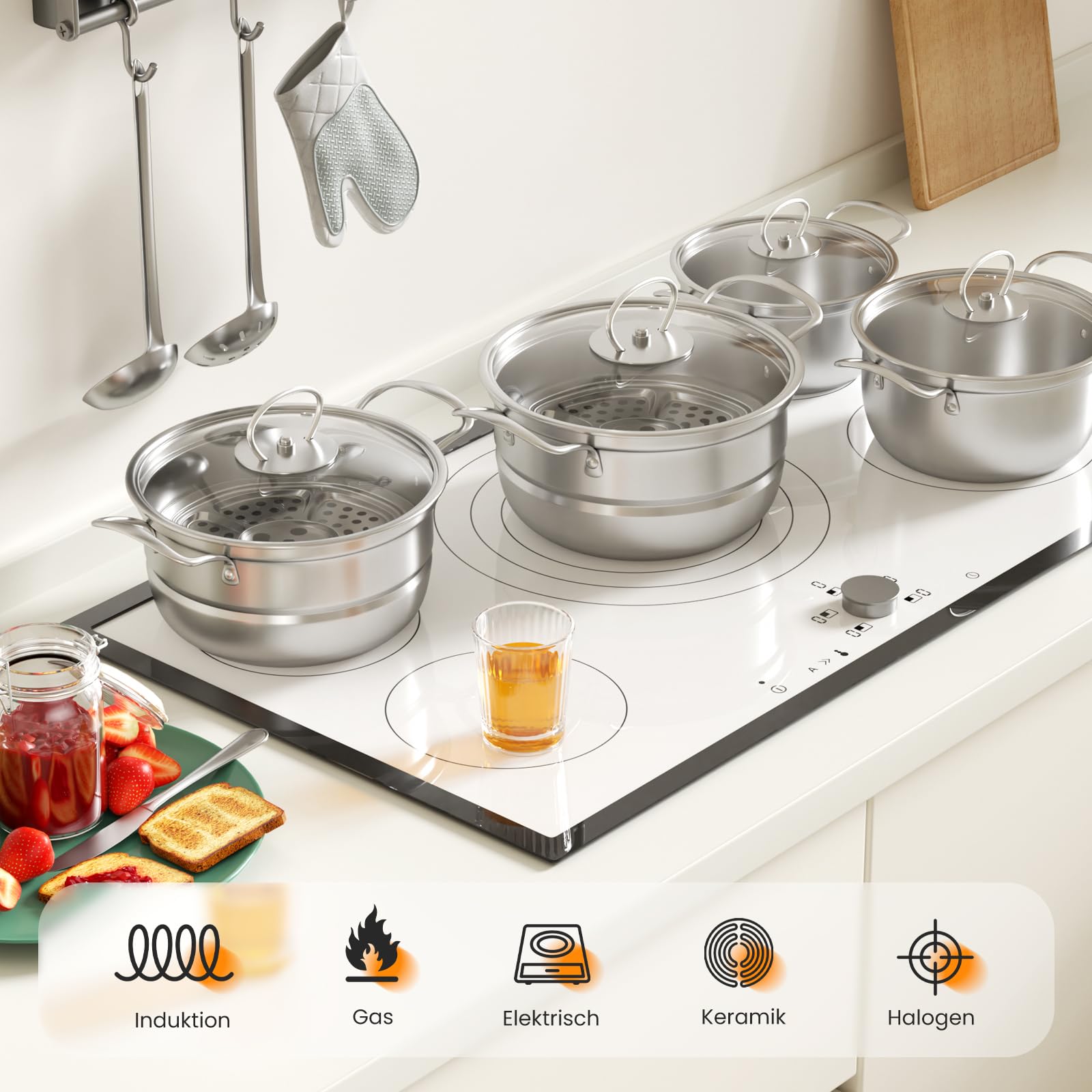 Juego de ollas de acero inoxidable, 12 piezas, juego de ollas con vaporizador y cuchara, juego de ollas grandes para inducción, juego de ollas aptas para todo tipo de cocinas, sin revestimiento (plata