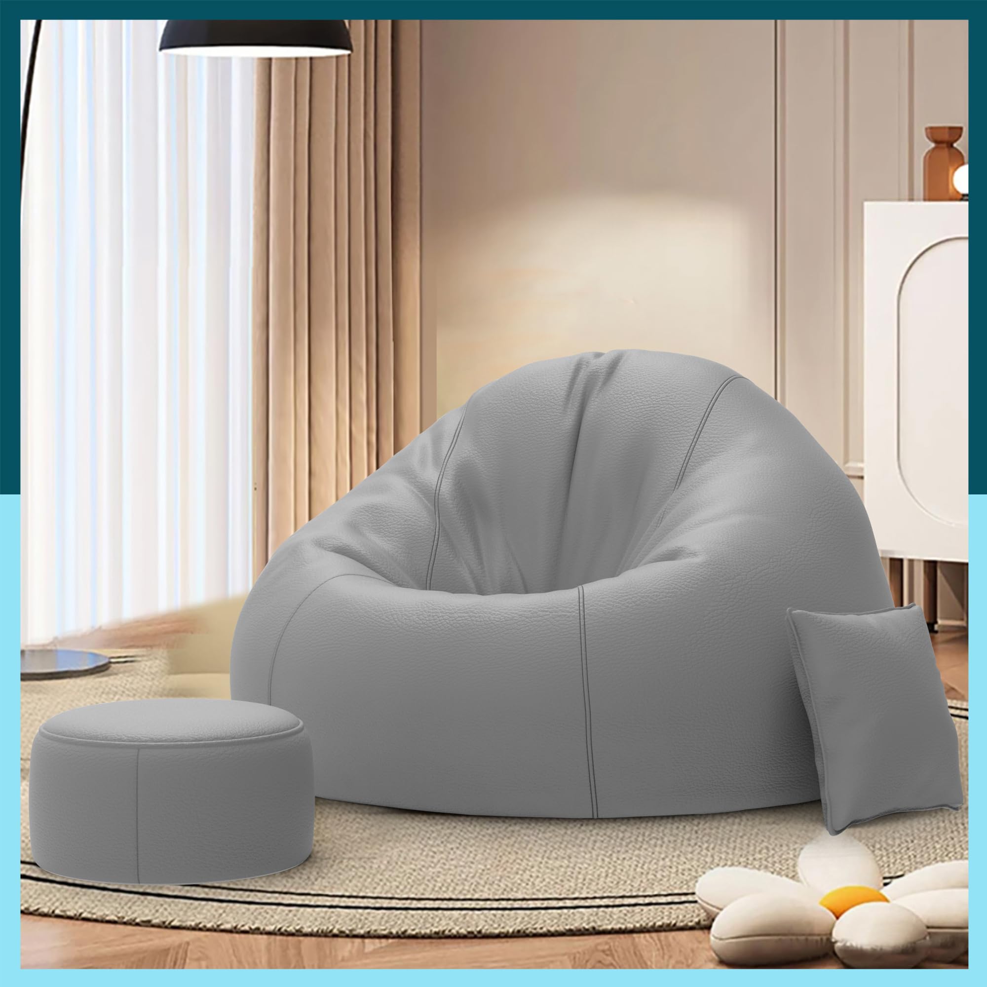 Biggie Bean Bag 7XL Bean Bag Chair with Beans Filled - The Classics Bean Bag Sofa - Combo Set-Styled for Elegance with Free Cushion & Footrest (Matching Color : Ykuro Light-Grey)