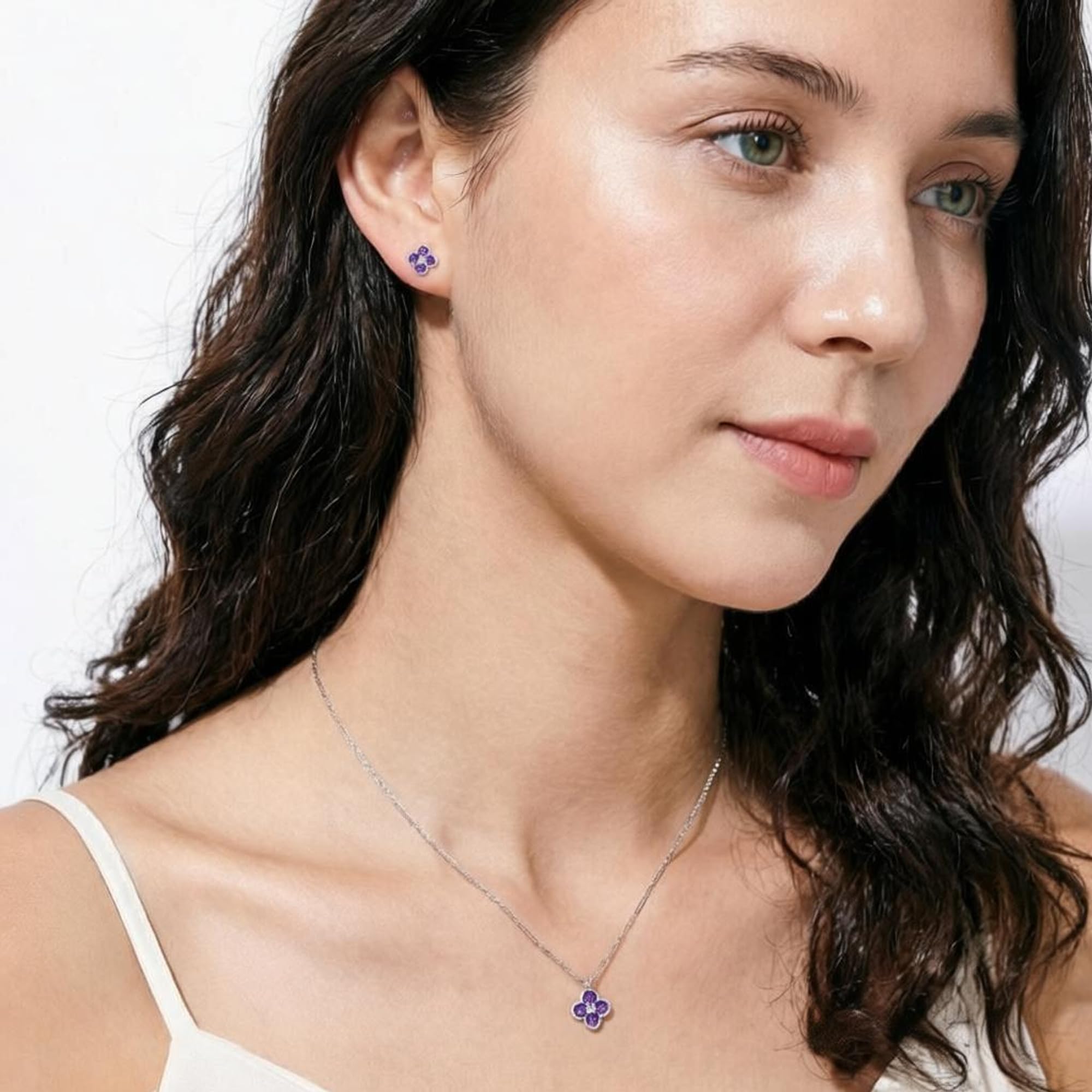 Amethyst Schmuckset Silber 925 Damen Kleeblatt Anhänger 45cm | Hypoallergen,Amethyst Halskette und Ohrringe Set,Februar Geburtsstein,Valentinstagsgeschenke,Tägliches Tragen,5A Zirkon