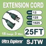 25 Ft Indoor Outdoor Extension Cord Green, 16 AWG Extension Cord Ouside, 3 Prong Grounded Plug, Waterproof Electrical Cable, SJTW, 13A 1625W, UL Listed | 13A 125V 1625W, Weather Resistant, Indoor & Outdoor, Home Appliance, Lights and Lawn