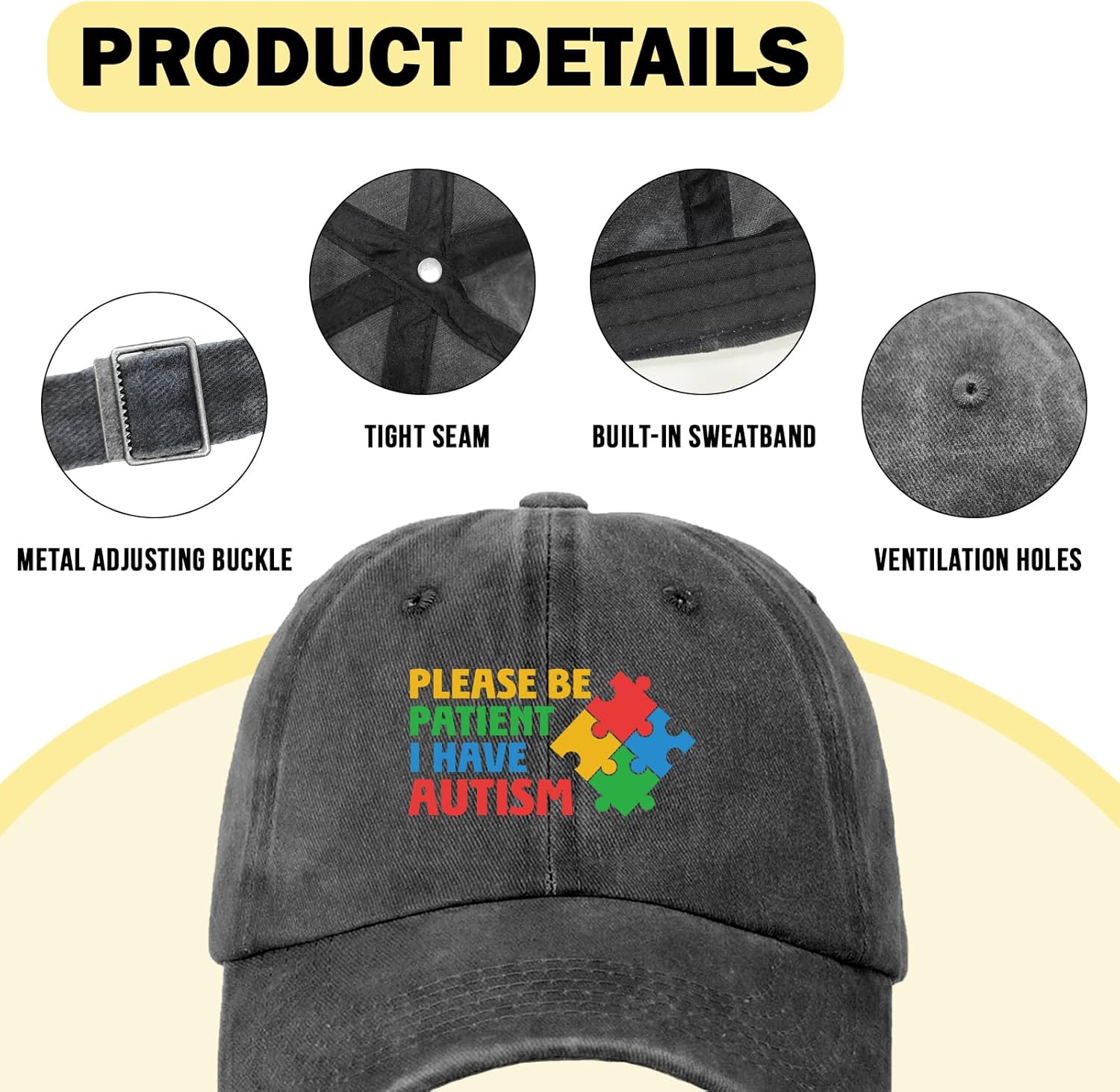 Funny Autism Puzzle Distressed Washed Black Baseball Caps Please Be Patient I Have Autism Printed Cotton Adjustable Baseball Hats Autism Awareness Gifts for Women Men Friend Dad Neighbor - Image 3
