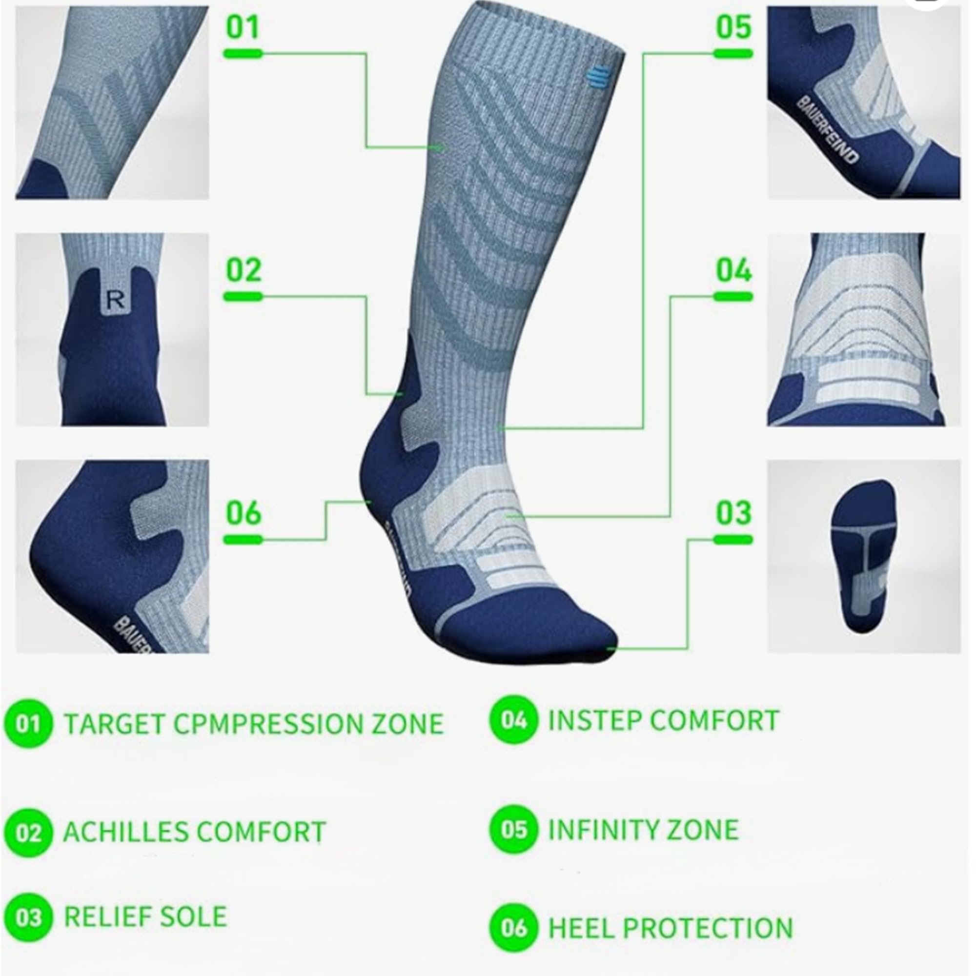 Bauerfeind Skarpety trekkingowe Outdoor Performance Mid Cut Socks" do aktywności na świeżym powietrzu, takich jak wędrówki (trekking, wędrówka), 1 para skarpet sportowych z wełny (Merino), niebieski