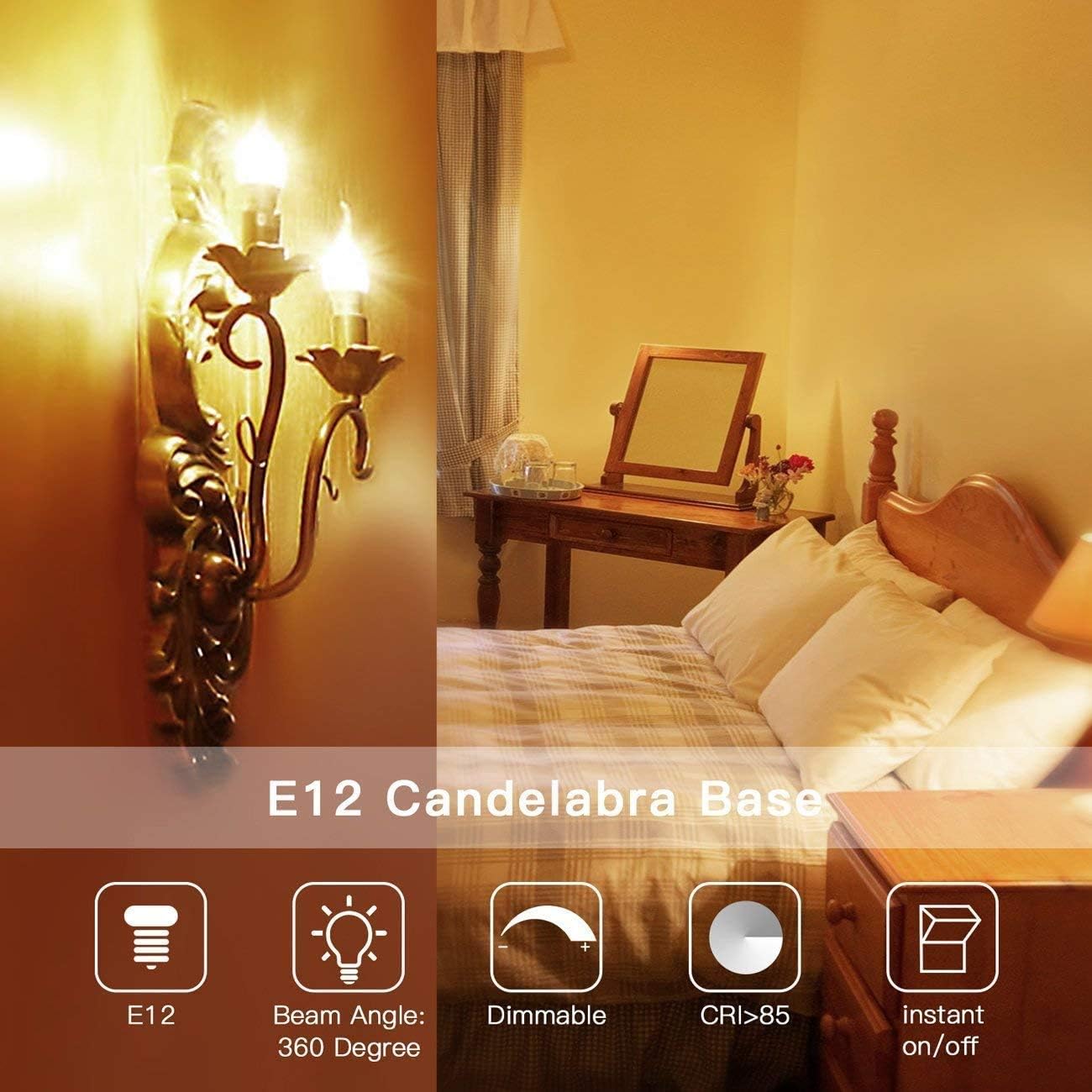 60 Watt Equivalent Candelabra Base led Bulbs E12 Dimmable 2700K Warm White 4.5W 450LM CA11 Flame Tip Vintage LED Filament Candle Bulb UL Listed (12PACK)