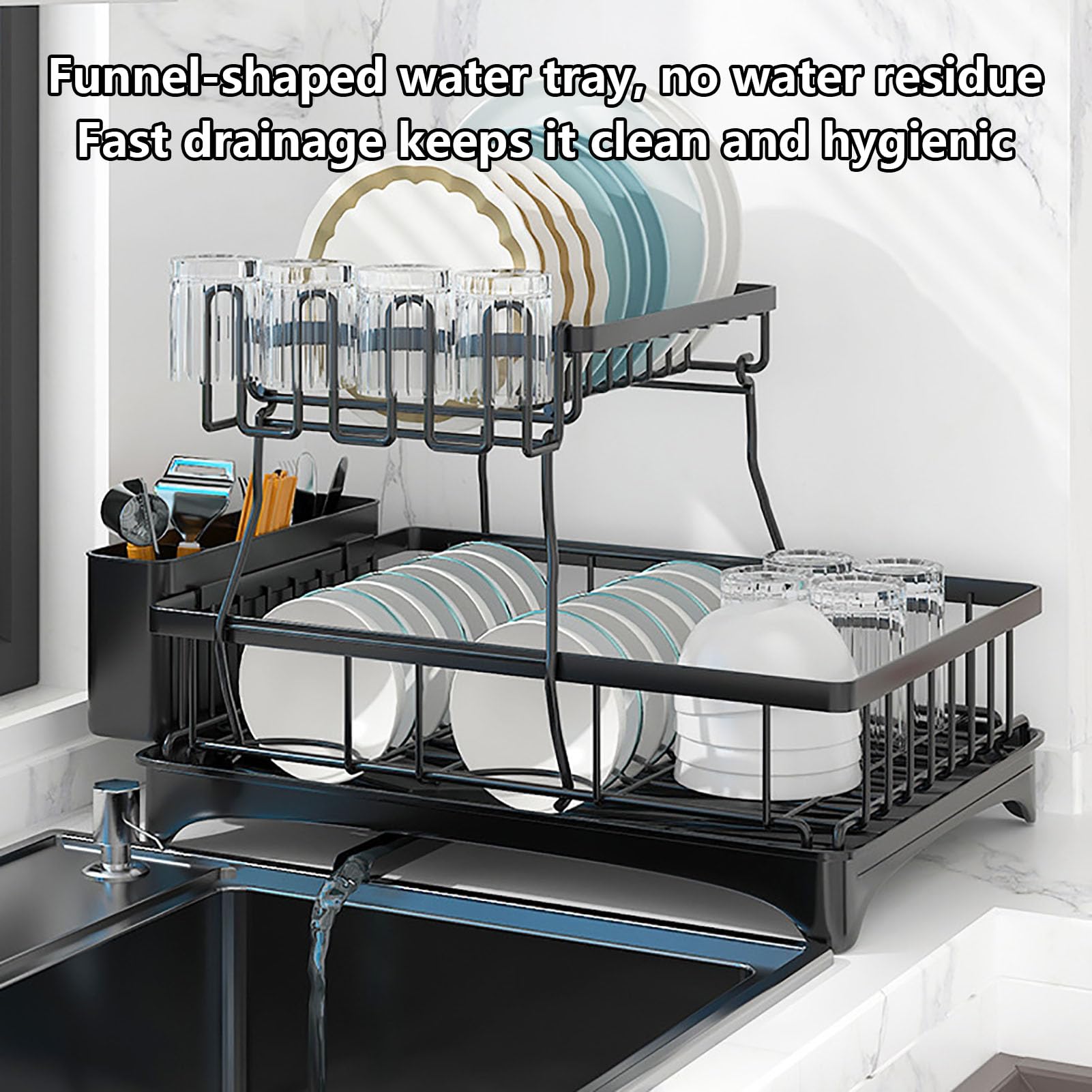 Escurridor de platos con soporte para utensilios y organizador de tazas, almacenamiento multifuncional para platos, vasos, accesorio de cocina que ahorra espacio