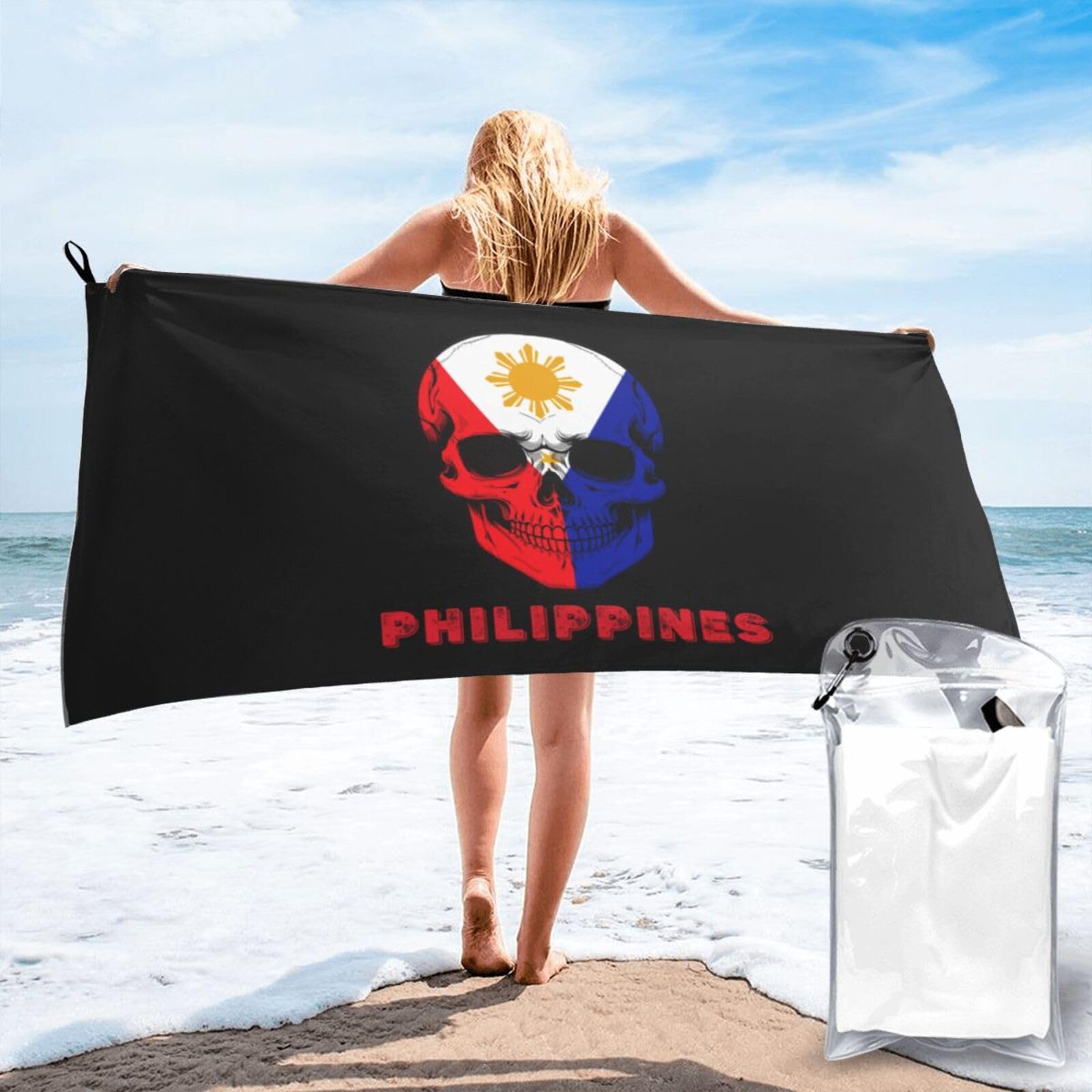 HACXZ Skull Philippines Flag Lightweight Absorbent Beach Towel Microfiber Beach Towel 27.5"X55"