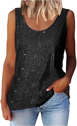 Women Sparkly Sleeveless Tank Tops Glitter Sequins Tunics Crewneck