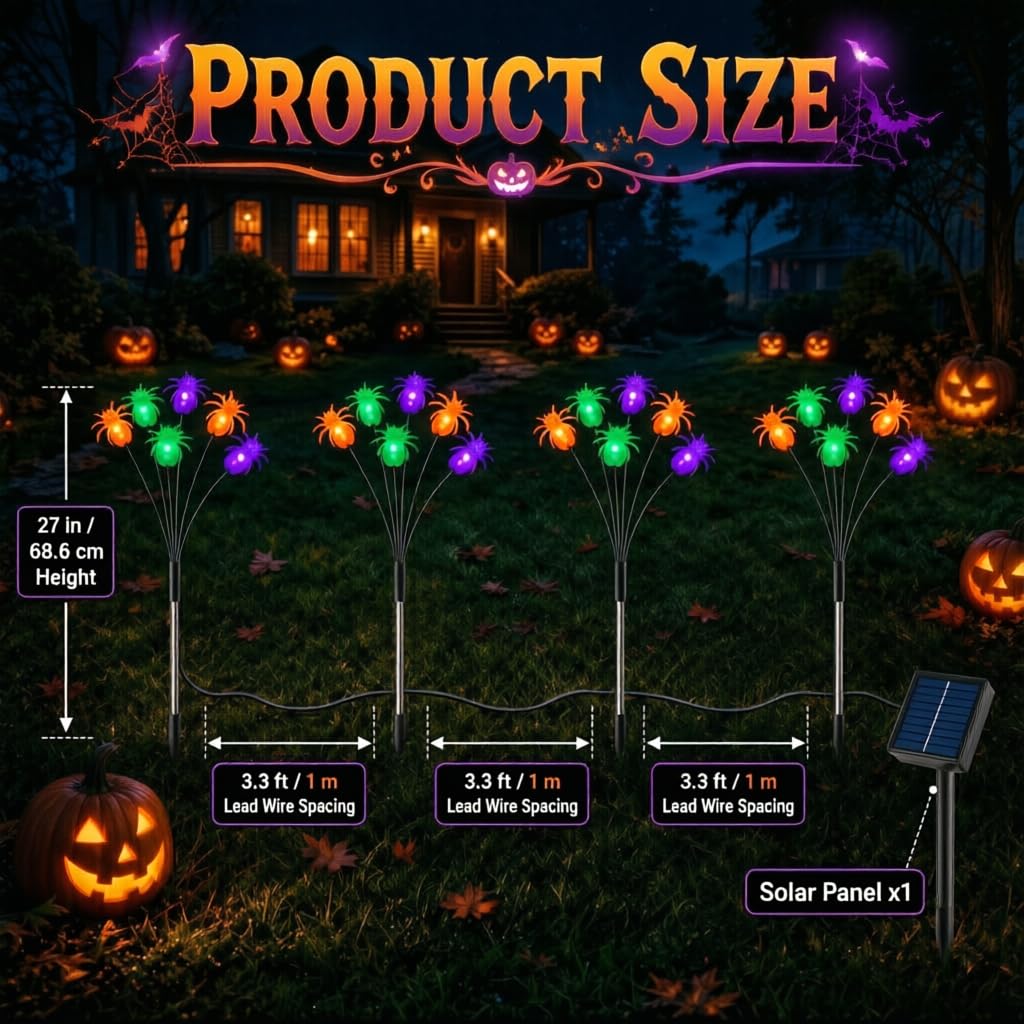 Newhale Set di 4 decorazioni natalizie a forma di ragno, 8 modalità, luci da giardino ondeggianti, luci solari per vialetti, luci natalizie per esterni, luci a forma di lucciola, per decorazione prato