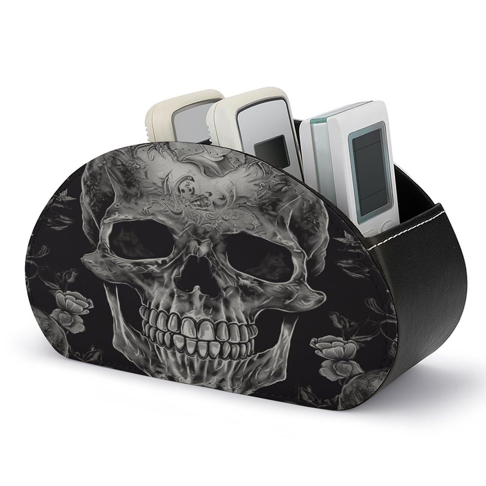 VstaDank Skull Skeleton Remote Control Holder with 5 Compartments PU Leather TV Remoter Caddy Desktop Organizer TV Remote Holder Remote Box for Media Controllers Office Supplies