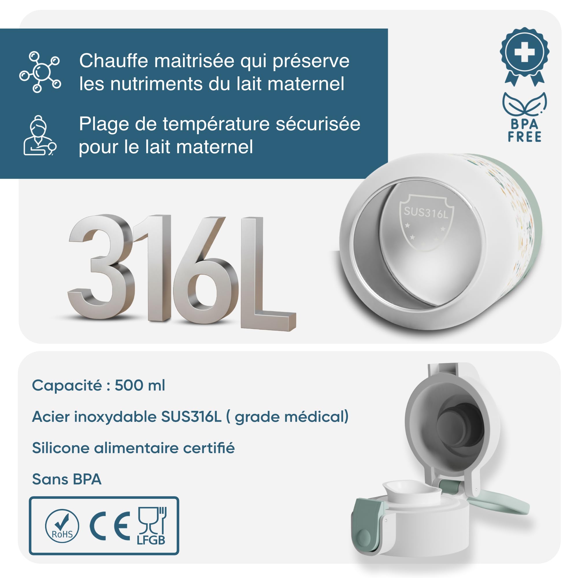 EVERBLOOM Chauffe Biberon Nomade Portable, Sans Fil, 500 ml, Chauffe Rapide | Pour lait maternel et infantile : chauffe en moins de 2 min,températures réglables au degré près, idéal voyage et voiture.