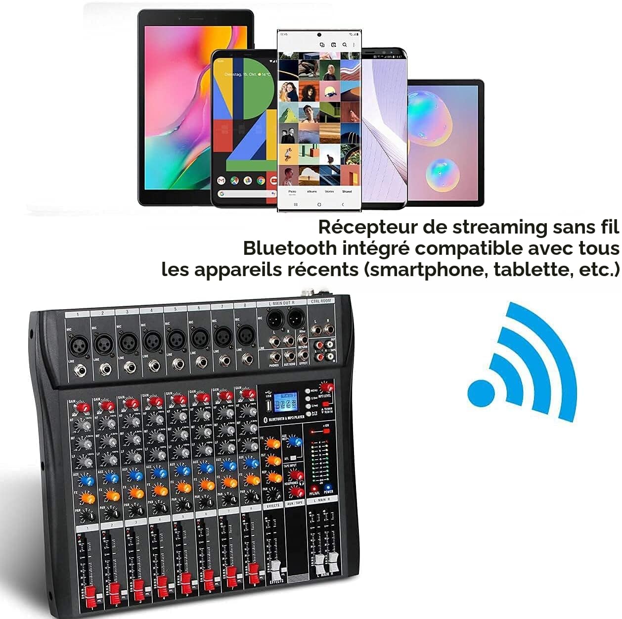 Depusheng DA8 Mélangeur audio professionnel Console de carte de son Bluetooth Interface de système de bureau à 8 canaux Entrée MP3 USB numérique Alimentation fantôme 48V, Noir