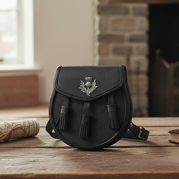 SZCO Leather Sporran, Black Medieval Pouch, Kilt Sporran