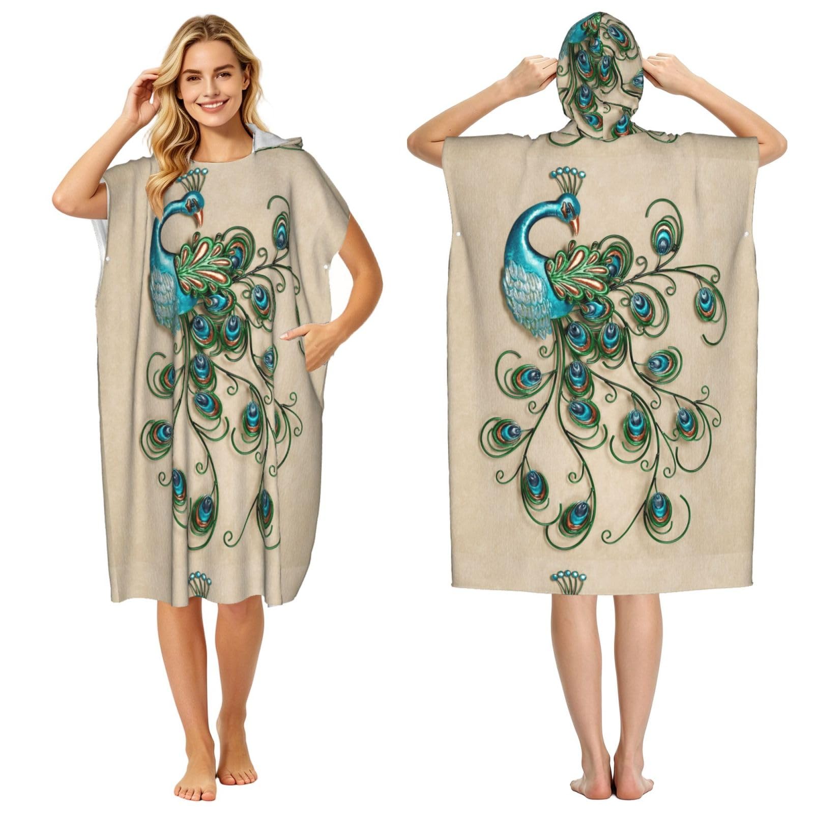 Poadnly Peacock Pattern Printed, Adult Hooded Beach Towel 90 x 110 cm,Changing Bath Robe, Surf Poncho Towel For Women Men