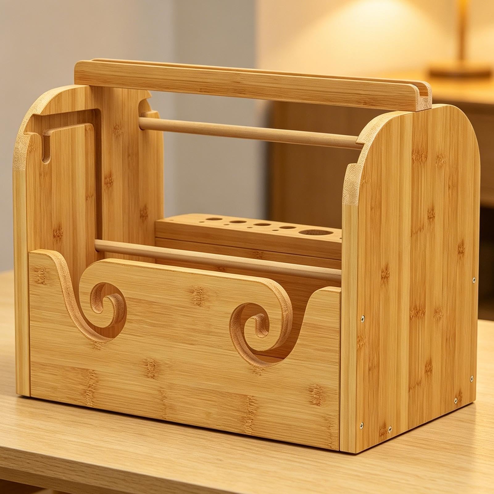 Häkelgarnhalter aus Holz Verwicklungsfreier Handyständer mit Doppelstangen | Stehender Garn-Organizer für Scheren, Maschenmarkierer, Stricknadeln, Bastelenthusiasten und H