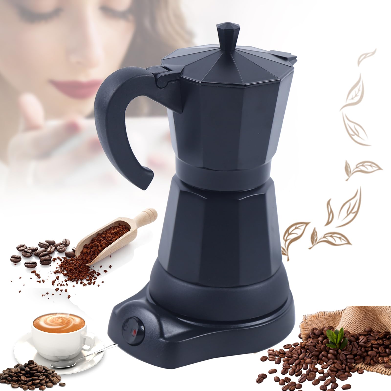 Caffettiera Elettrica da Campeggio Con Base, Preparazione Rapida in 5 Minuti, 6 Tazze, 300 ml, Alluminio, Nero