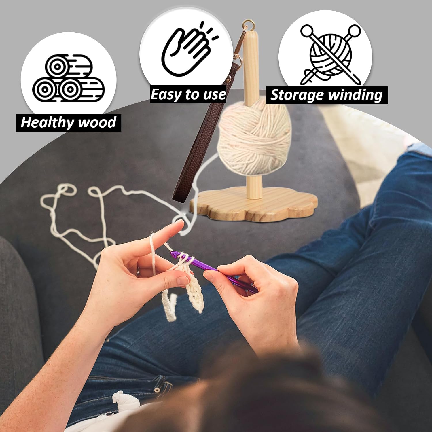 Wisnewth Portable Wooden Yarn Holder with Adjustable Wrist Strap - Wearable & Tabletop Yarn Stand for Knitting Crochet, Compact Design Natural Wood (4.72 * 4.72 * 7.48in) image 3