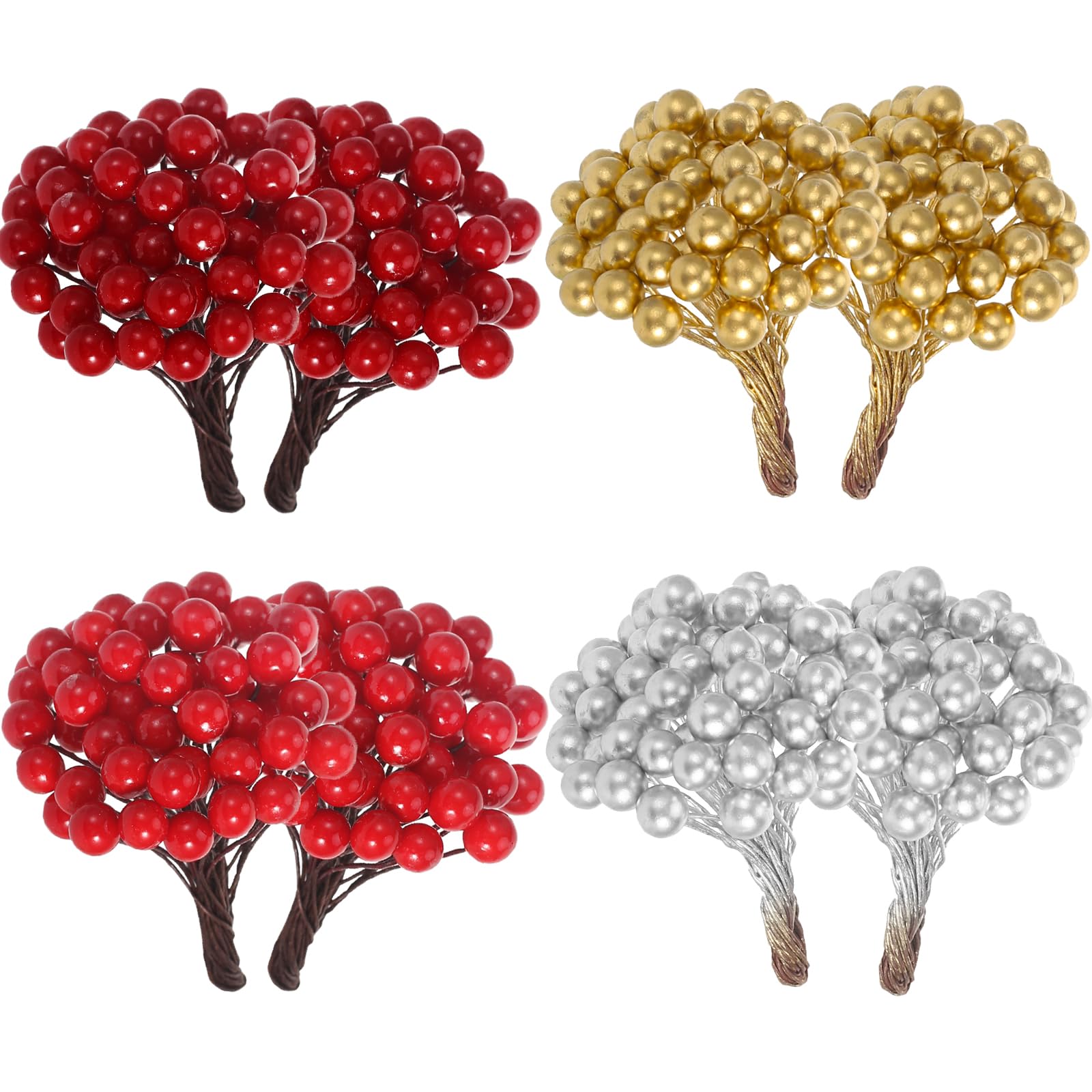 400 Pieces Artificial Holly Berries Christmas Fake Berries on 200 Pieces Wire Stems for Christmas Tree Decorations Craft Flower Wreath DIY Supplies (Wine Red,Red,Gold,Silver)