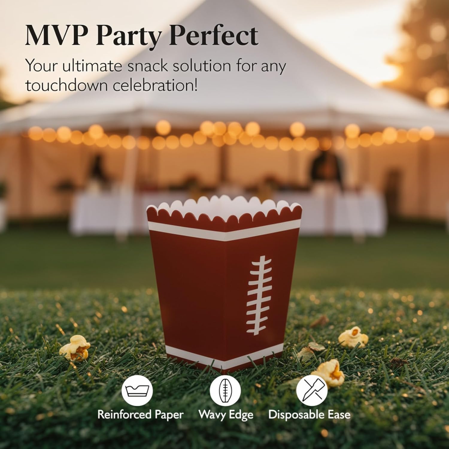 Football Popcorn Boxes, 100 Pcs Brown Snack Containers, Disposable, Wavy Edge, Easy to Assemble, for Tailgate Party Favors