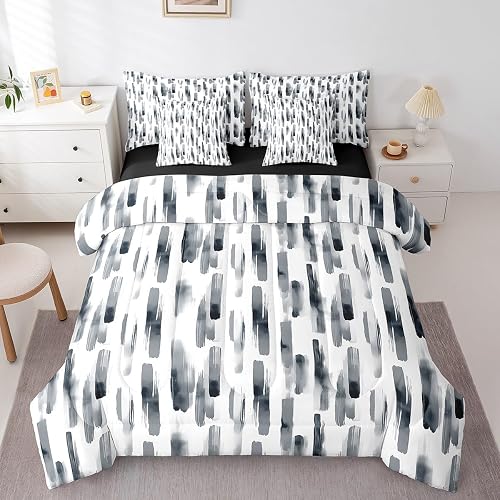 Erosebridal 7Pcs Black and White Full Size Comforter Set,Gray Art Abstract Strip