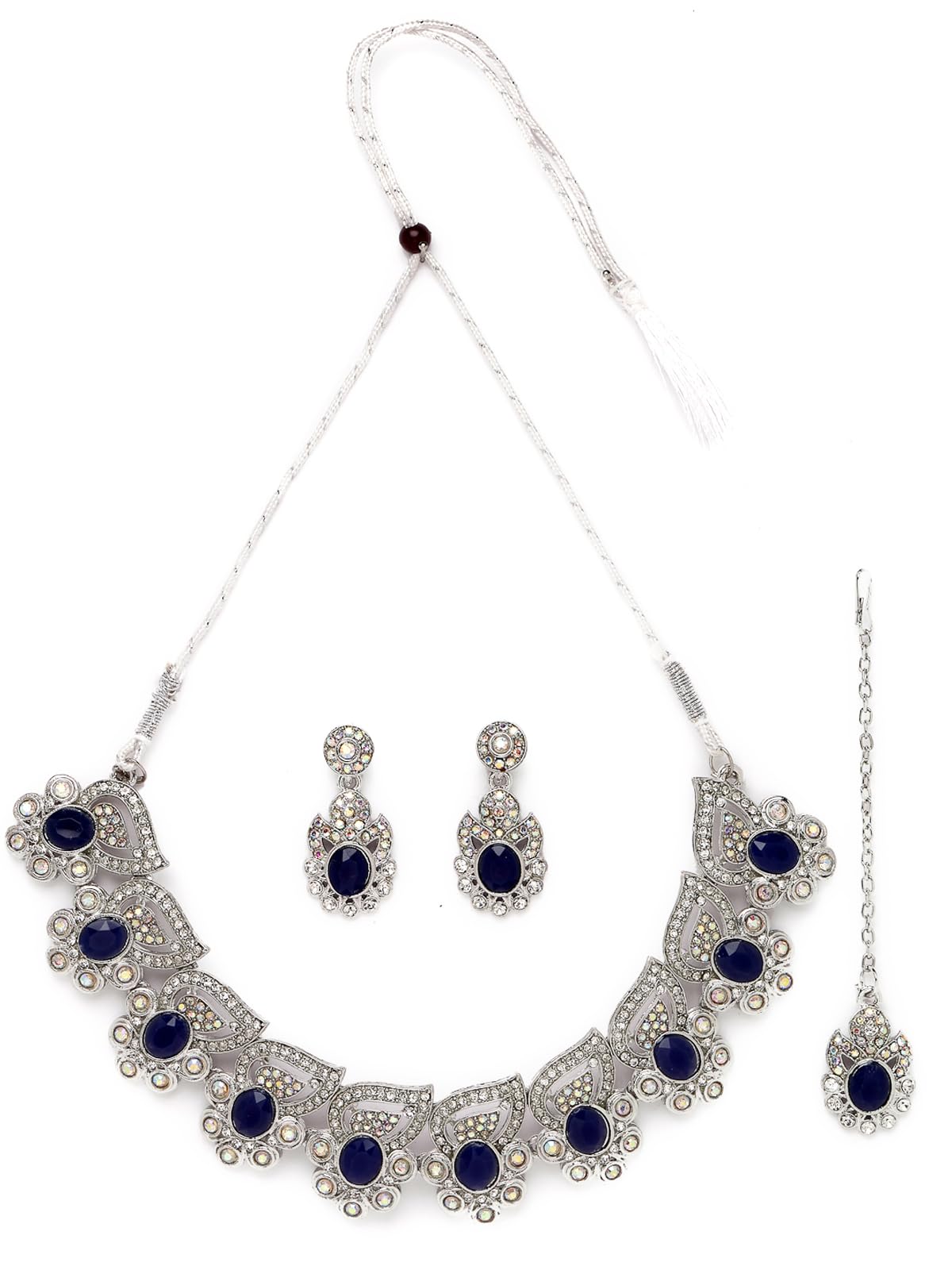 Sukkhi Fancy Rhodium Plated Blue AD Stone Collar Bone Necklace Set With Earring And Maangtika | Jewellery Set For Women (NS105723) (B0CBB874PK) Amazon Price History, Amazon Price Tracker