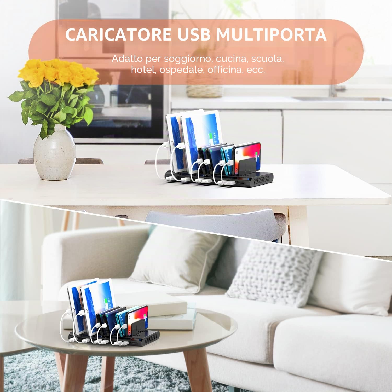 Alxum Stazione di Ricarica 10 Porte Caricatore Multiplo Cellulari, 60W Tavoletta Caricatore USB Multiplo Base Ricarica Carica Fino a 8 Telefoni, Nero