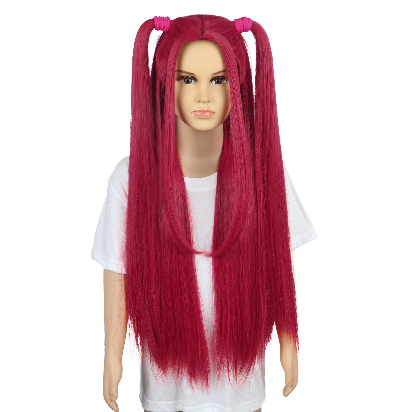 karlery FILLE Longue Droite Rose vif Perruque avec 2 queues de cheval Dessin animé Anime Film Cosplay Perruque Halloween Costume Party Perruque