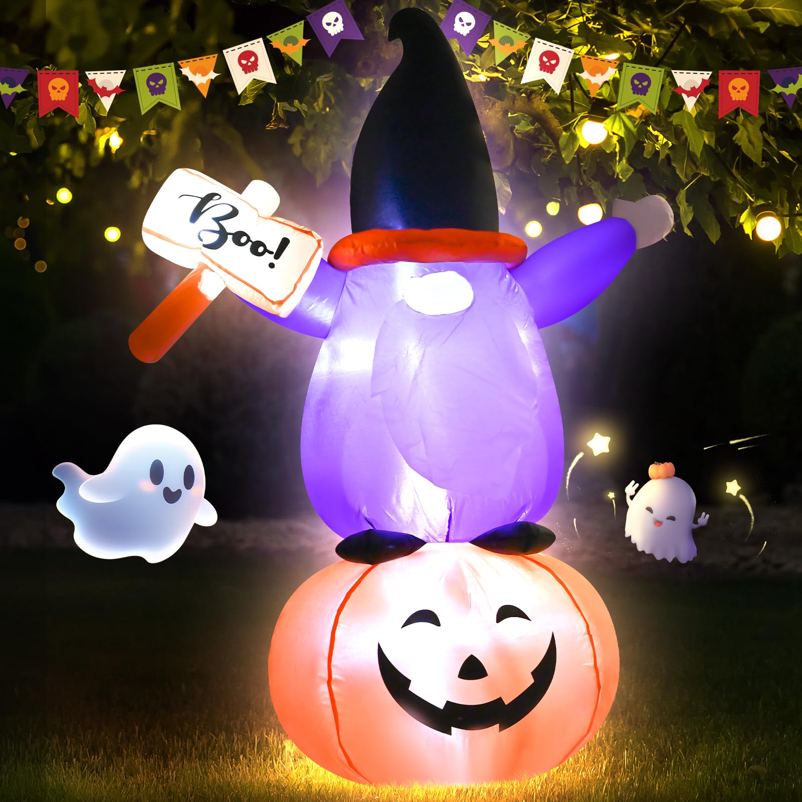 Gnomo inflable de Halloween 4 pies con luces LED y calabaza decorativa para exteriores
