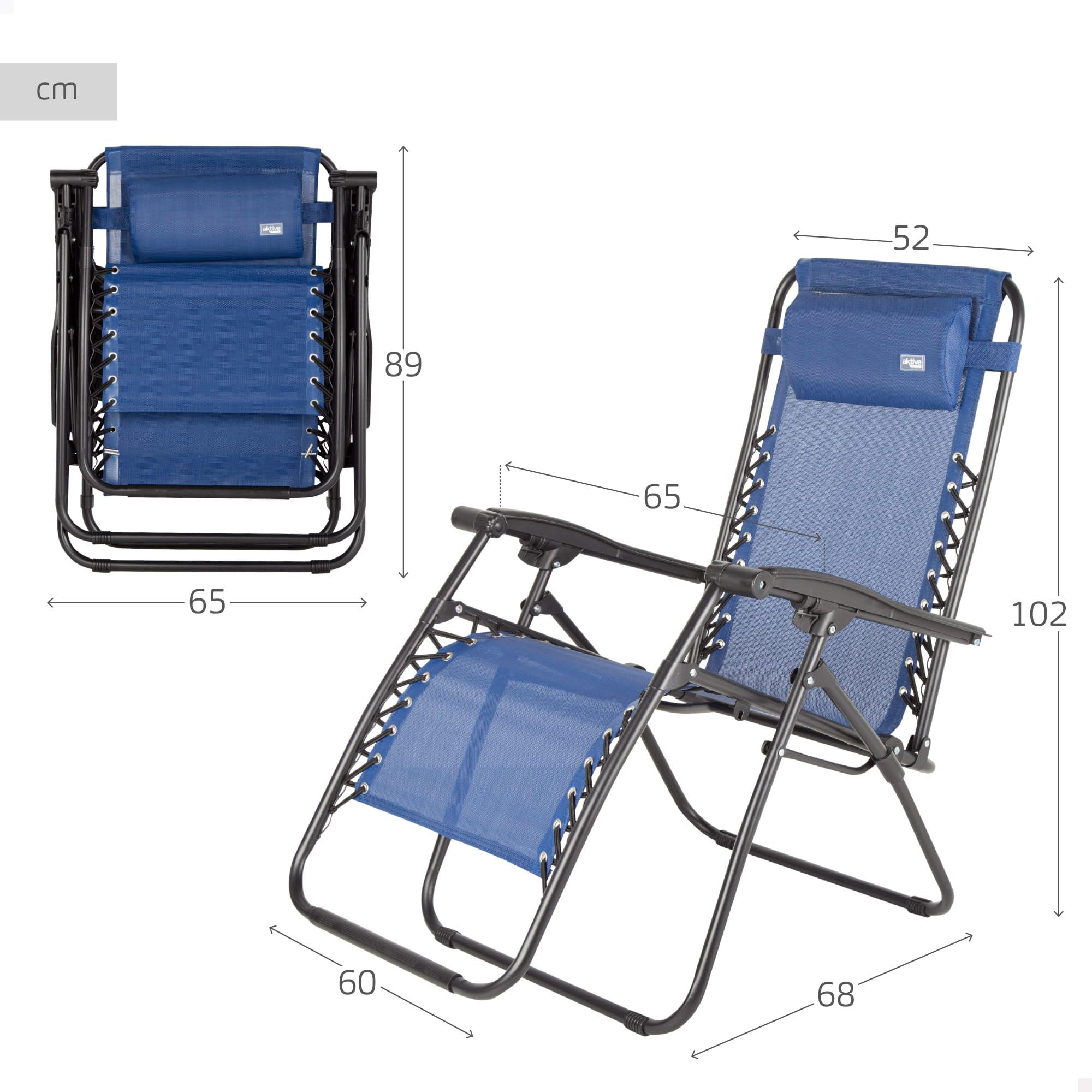 AKTIVE Silla Plegable, Gravedad Cero, Azul, con cojín y reposapiés, Cómoda y Resistente, Antivuelco, Acero y textileno, Máximo 110 kg, Jardín, Camping, Tumbonas Plegables para Exterior (61143)