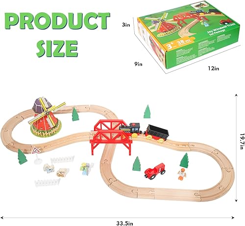 Miniatura 7 de Wdmiya Juego de tren de madera para niños pequeños, 38 piezas de pista de tren de madera para niños, juguete de tren con puente y pistas (se adapta