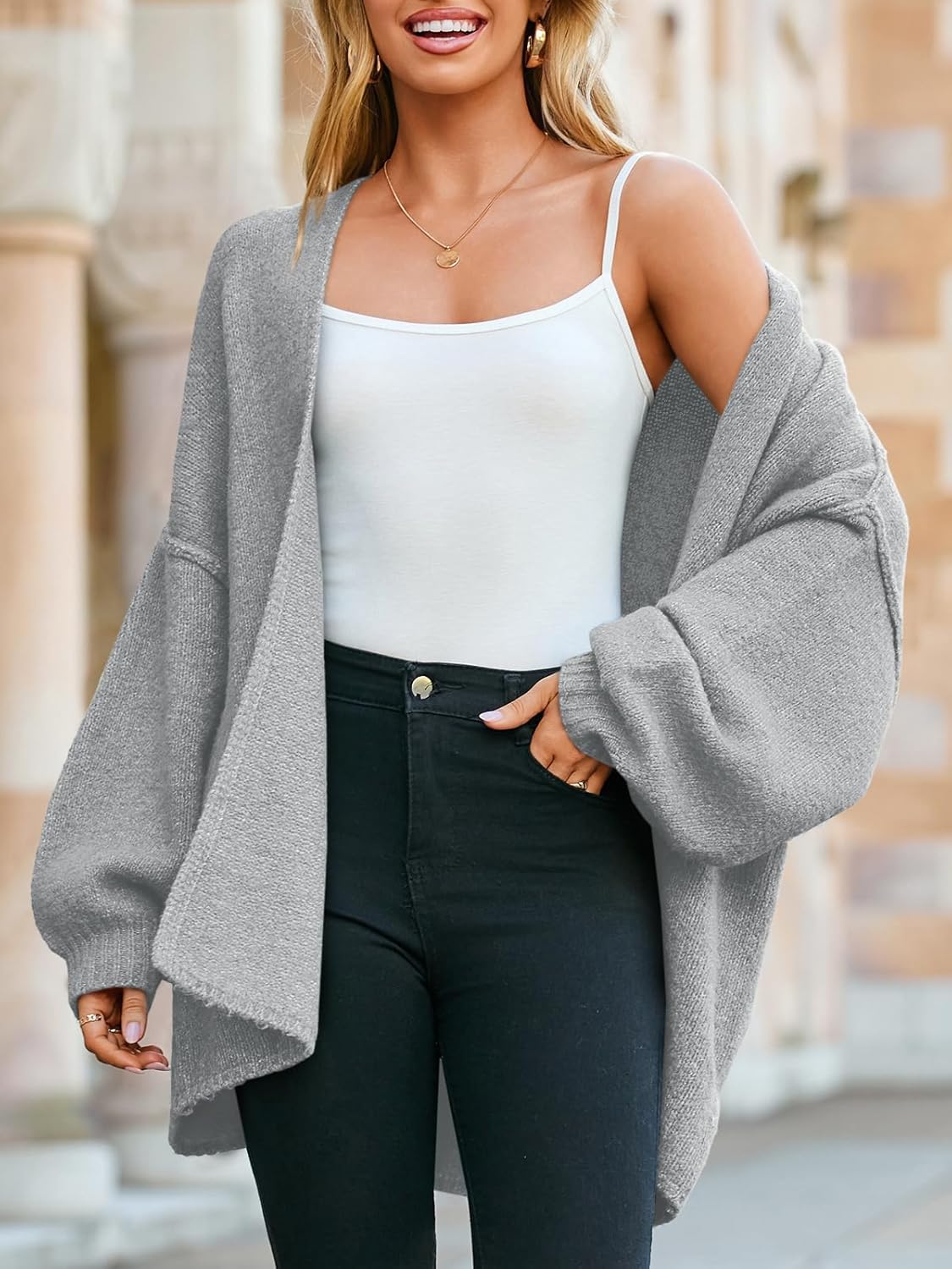 Saodimallsu Womens Oversized Cardigan Sweaters Open Front Chunky Knit Casual Long Lantern Sleeve Fall Sweater Coats - Image 4