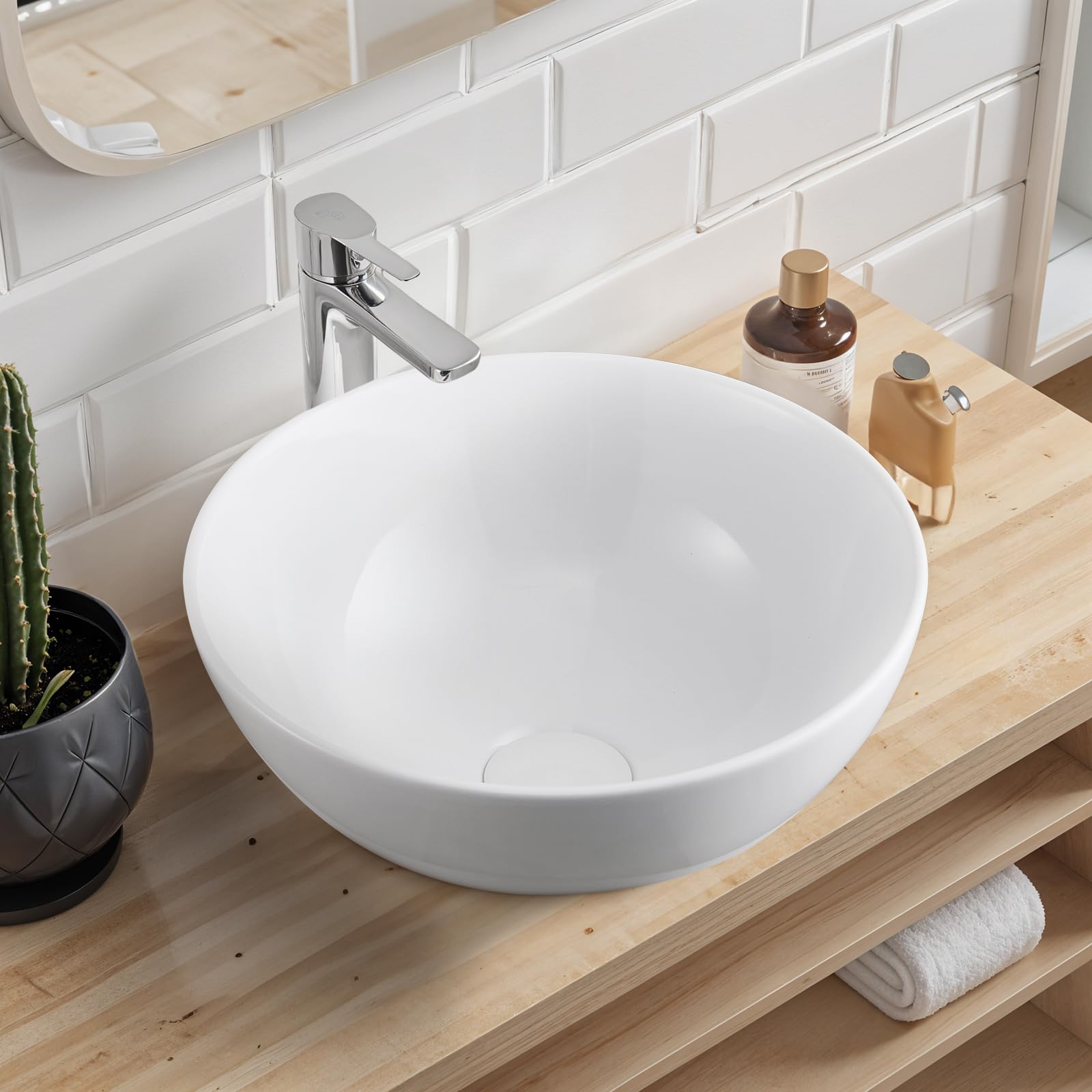 Warmiehomy Countertop Bathroom Vessel Ceramic Sink,Round Bowl Ceramic Basin with Waste Drainer for Bathroom Cloakroom Vanity Lavatory (White,32x32x13cm)