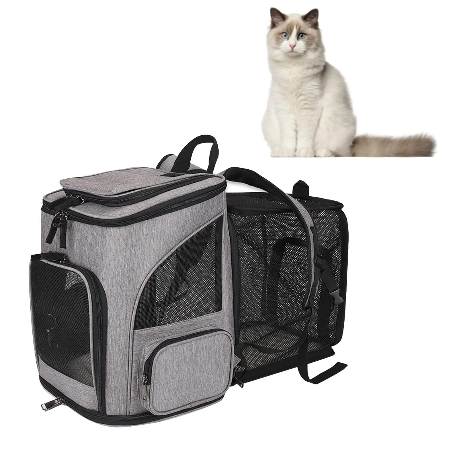 Greensen Große Katzen-Tasche, Erweiterbare Haustiertasche mit Mesh-Fenstern und Plüschkissen, für Kleine Bis Mittelgroße Katzen und Hunde Bis zu 8 Kg, Reisen Wandern Camping (Grey)
