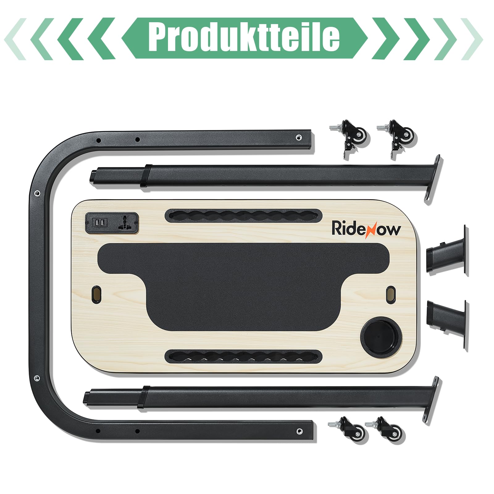 RideNow Rollentrainer Tisch, Verstellbarer Fahrradtisch mit Rollen | Laufbandtisch, Rutschfester Holz-Arbeitsfläche mit Steckdosen, Steckplatz für Tablet oder Telefon, Getränkehalter