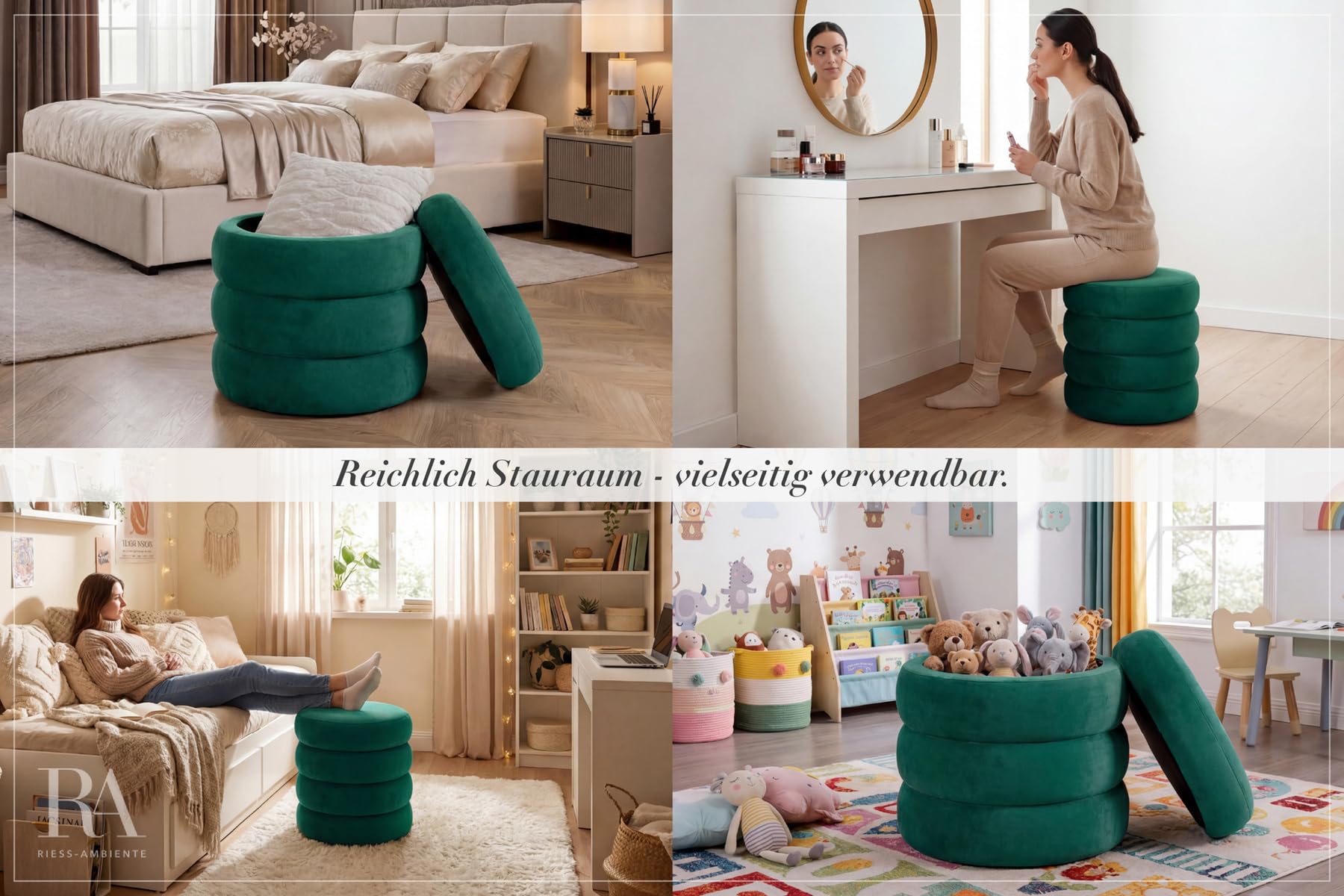 Riess Ambiente Runder Polsterhocker Vogue - H:42cm - grün - Stilvoller Hocker mit Stauraum und Samtbezug