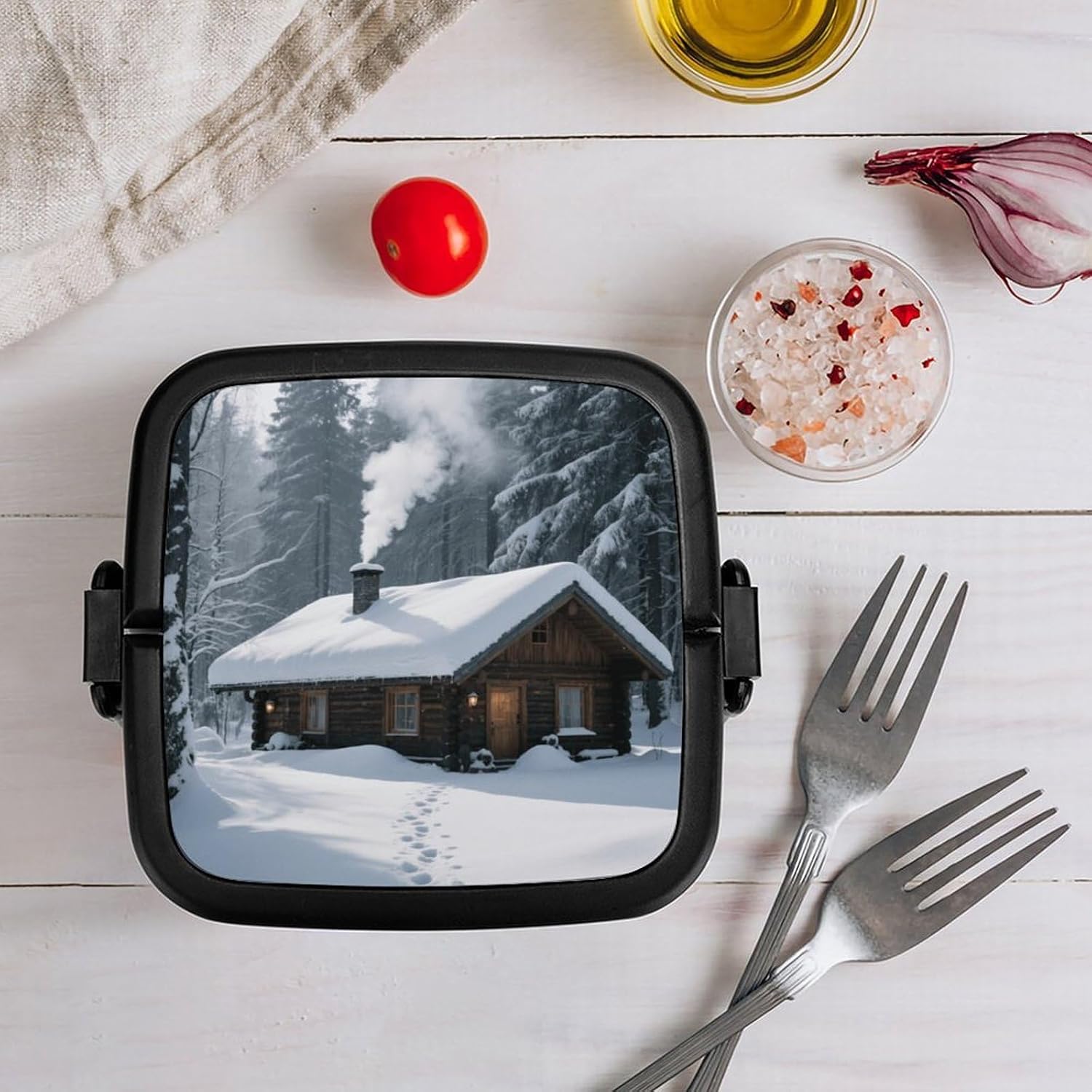 Wooden House after Snow Bento Box Double Layer Lunch Box for Adults with Spoon And Handle Bento Boxes Leakproof One-piece Stackable Lunchbox for Work Picnics And Travel