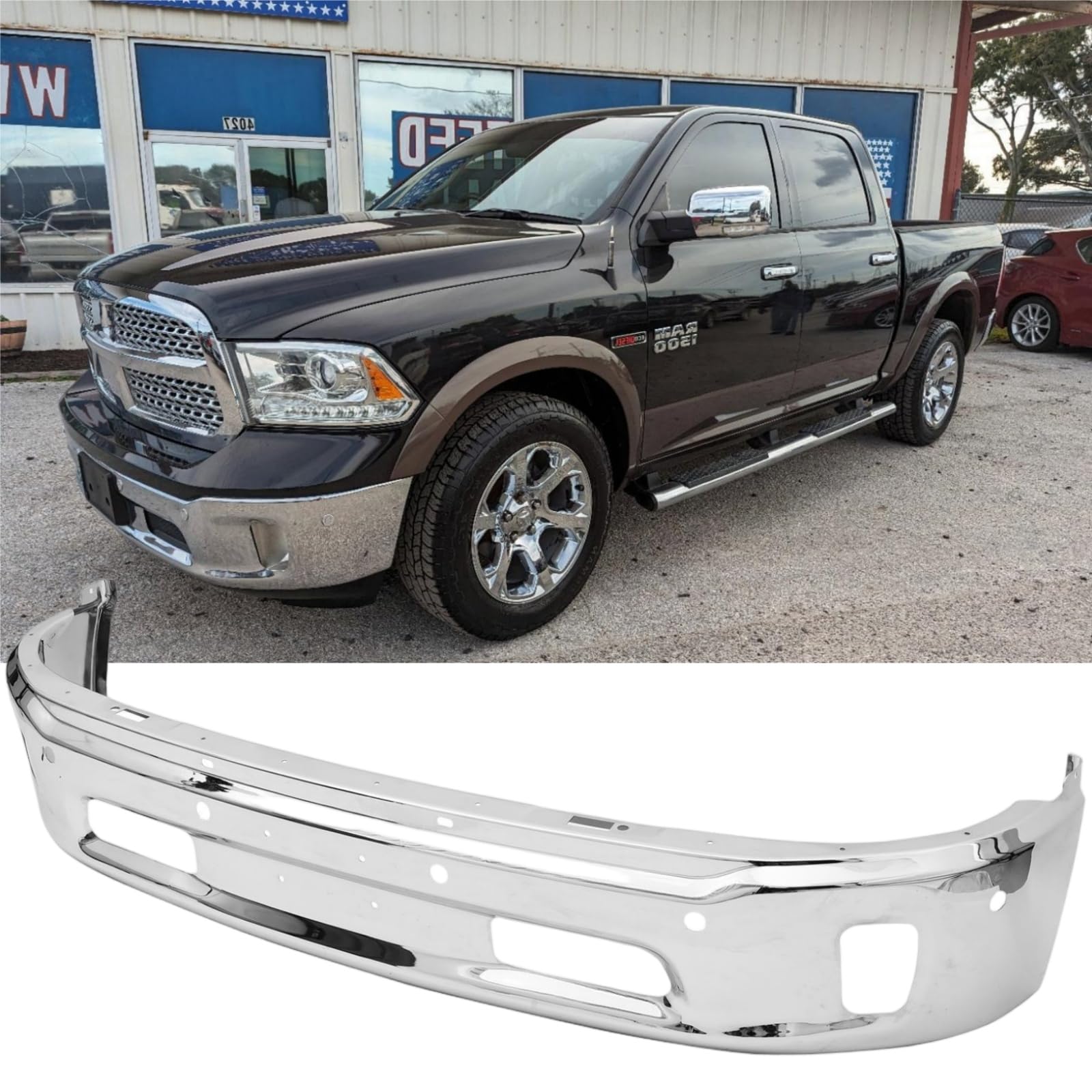 Front Bumper Compatible with 2013-2018 Dodge Ram 1500, Chrome Truck Automotive Steel Replacement Bumpers Face Bar, with Fog Light Holes & Sensor Holes (Style C)
