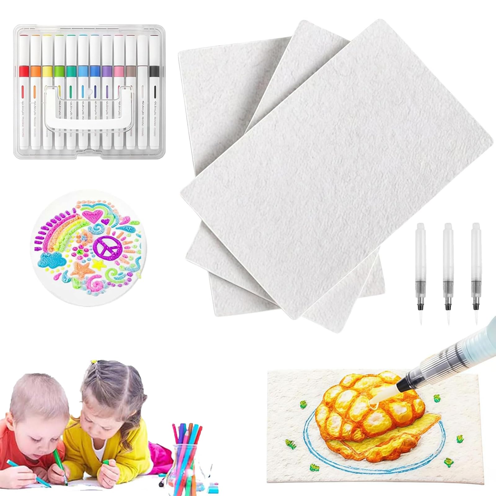 Magic Puffy Paint, 10PCS Magic Puffy Paint Pens, 3D Drawing Magic Canvas Sponge, Foam Texture Blank Painting Paper, Puffy Popcorn Drawing Pens Colors with 3D Ink, DIY Art Supplies (Rectangle)