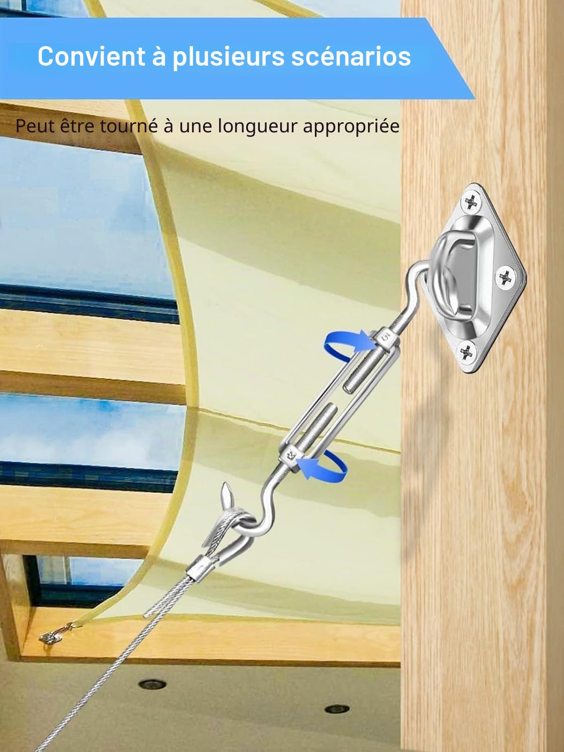 Kit de Fixation pour Voile d'ombrage avec Cable Acier 20 m, Kit d'installation de Pare-Soleil en Acier Inoxydable 304, Auvent de Fixation pour Triangulaire et Carré, Hamac, Jardin, Terrasse
