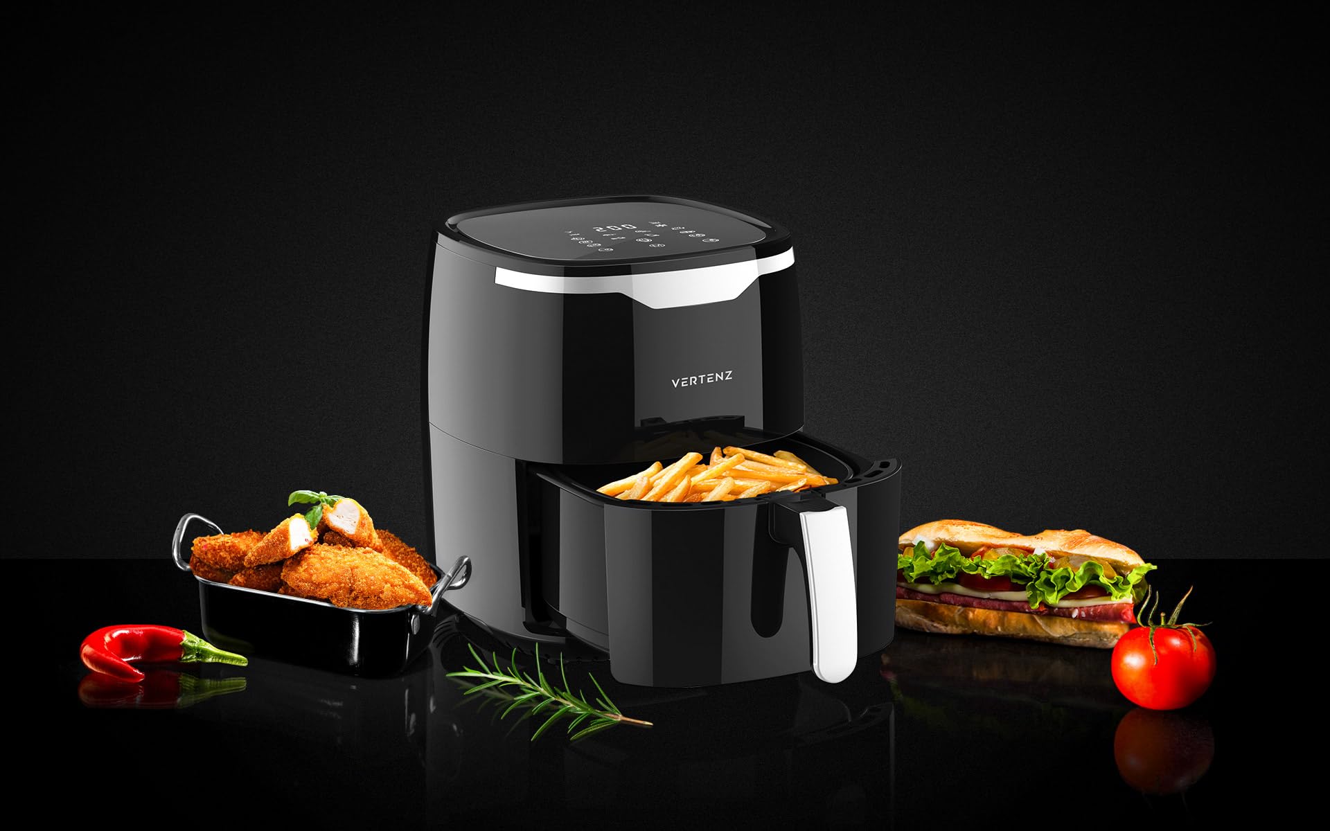 VERTENZ Taste 50 | Freidora de aire caliente compacta Airfryer XL, 5 litros de capacidad, 8 menús automáticos, 1400 W, pantalla táctil LED, cesta para freír antiincrustante, sin grasa