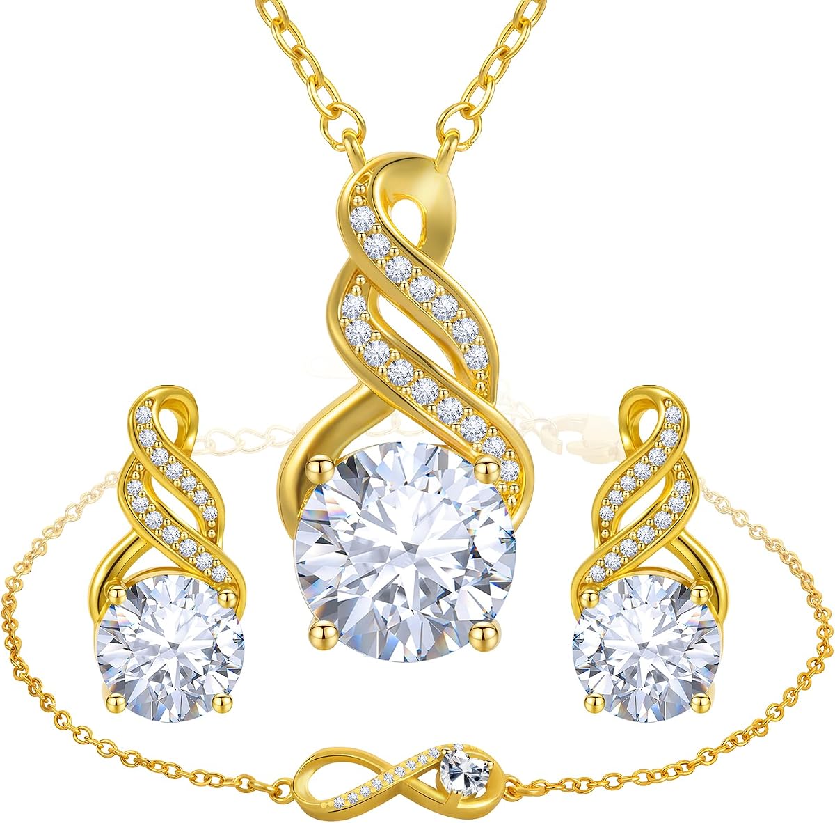 Jewelry Sets for Women-18K Gold Plated Dainty Birthstone Pendant,Trendy Necklace Earrings Infinity Bracelets Set,Ideal Jewelry Gifts