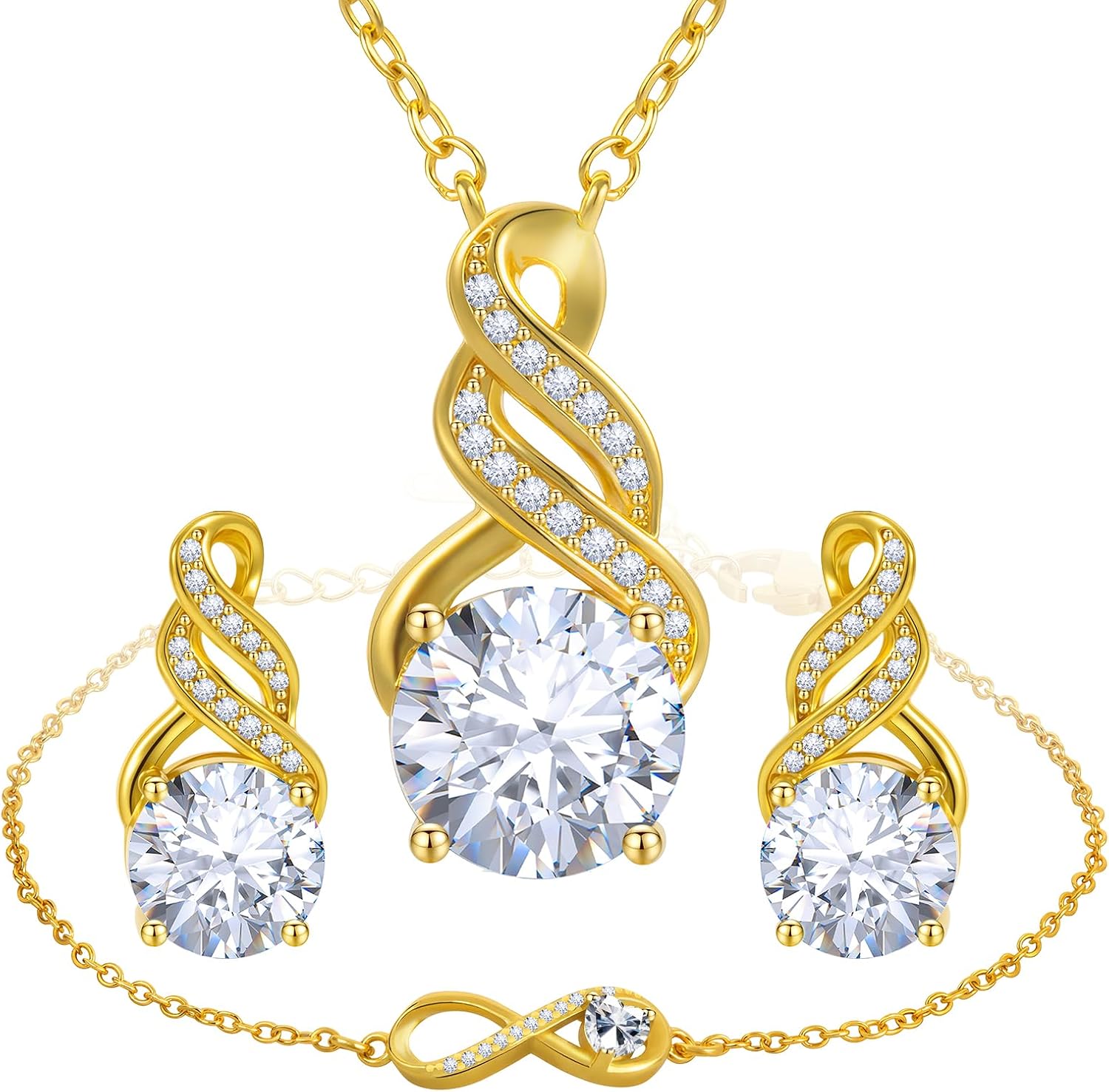 Jewelry Sets for Women-18K Gold Plated Dainty Birthstone Pendant,Trendy Necklace Earrings Infinity Bracelets Set,Ideal Jewelry Gifts for Her Mom