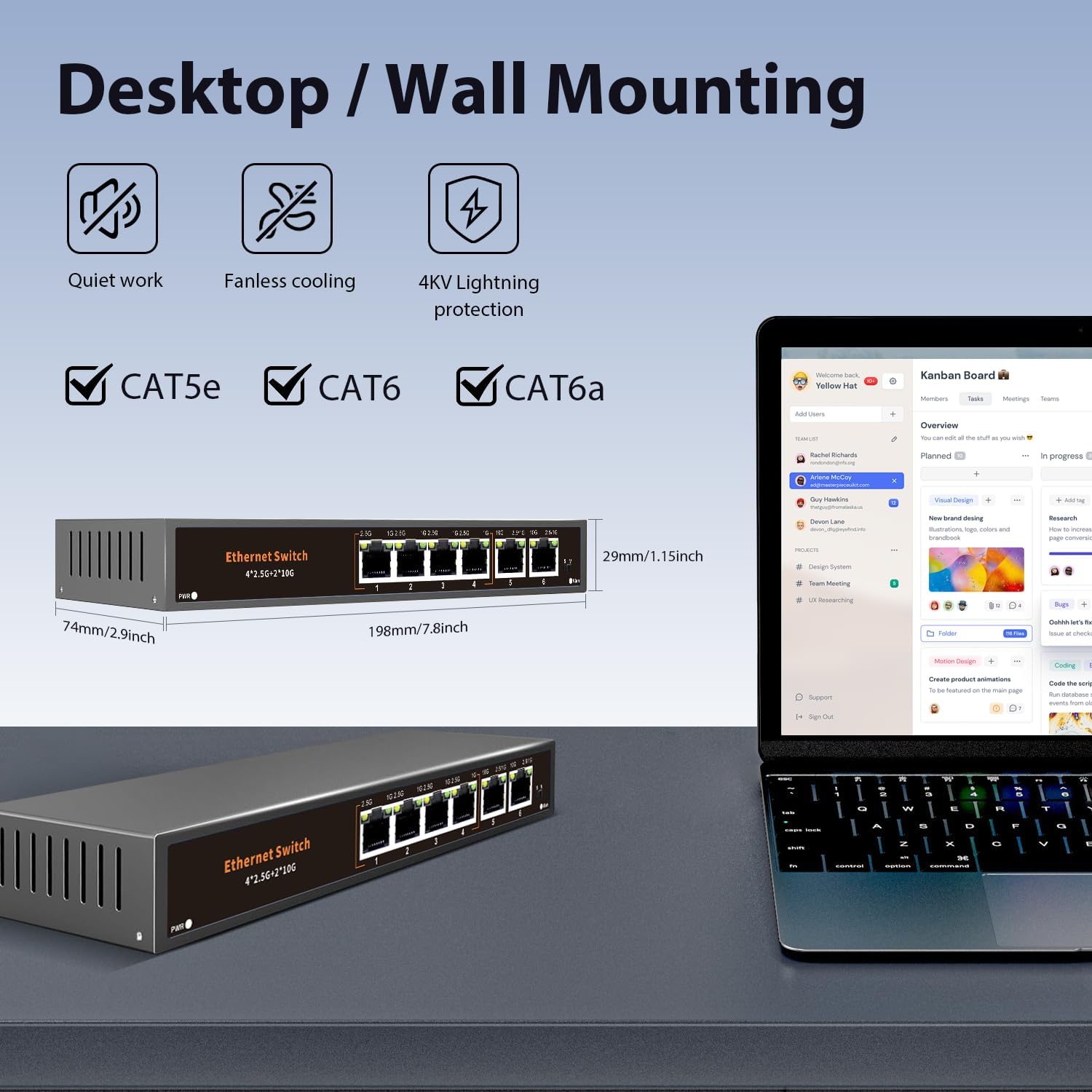 2.5G Unmanaged Ethernet Switch with 4 x 2.5G Base-T Ports and 2 x 10G RJ-45 Uplink Port-Compatible with 100/1000/2500Mbps, One-Key WLAN, Fanlesss Plug & Play, Metal 2.5Gb Network Switch
