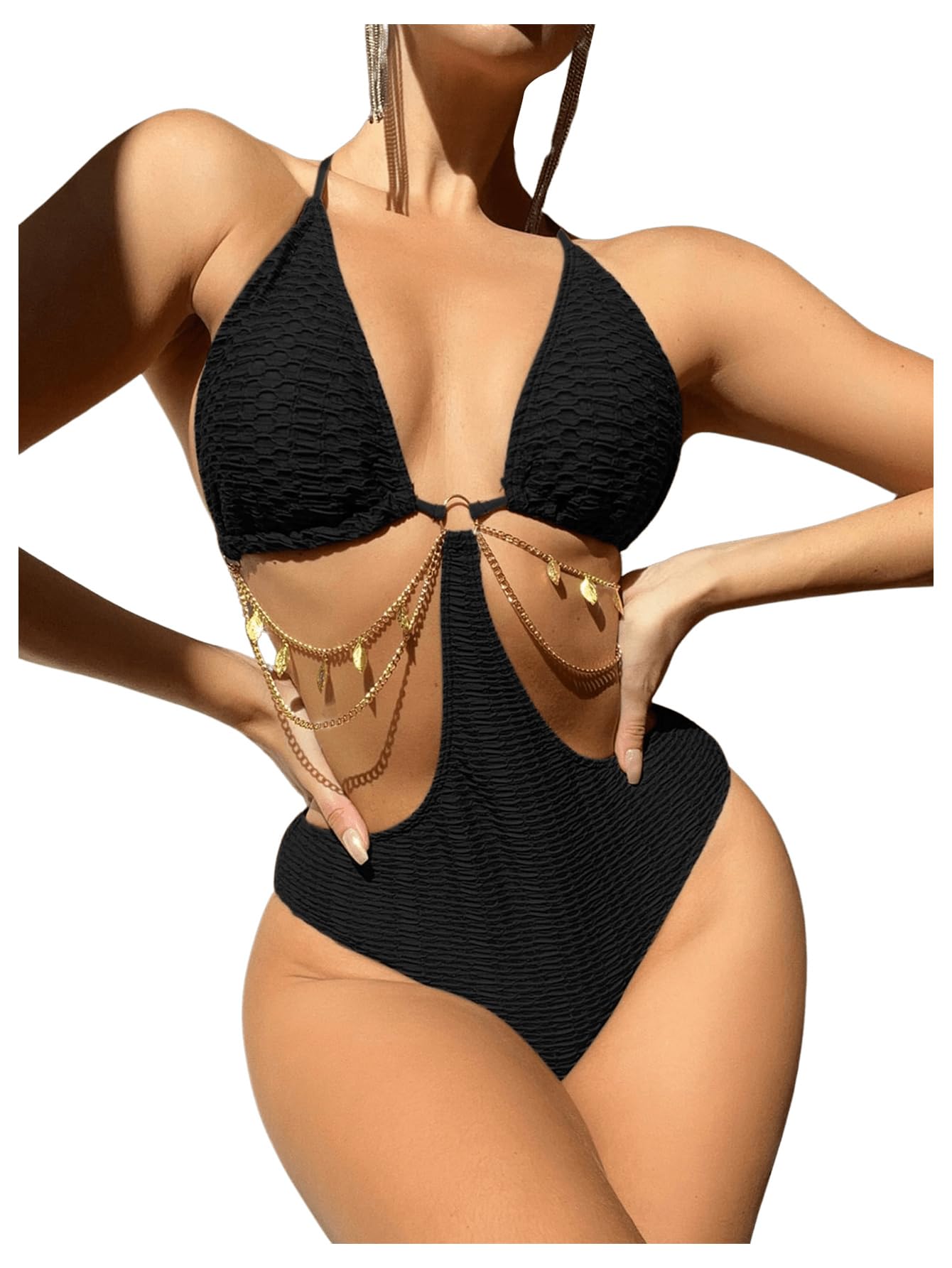 Women's Chain Linked Cut Out Halter One Piece Swimsuit Tummy Control Bathing Suit