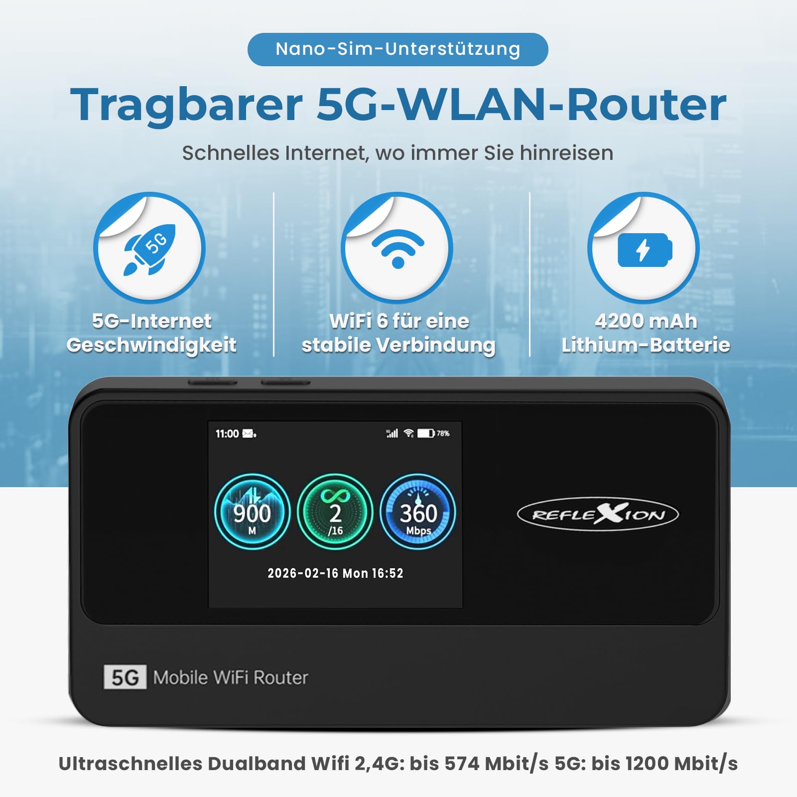 Reflexion 5GCONNECT - Mobiler 5G WLAN Router mit Akku 4200mAh, WiFi 6 Hotspot mit Nano-SIM Slot, 2,4 Zoll Display, bis 16 Geräte, USB-C, tragbarer Internet Router für Reisen/Homeoffice/Baustelle