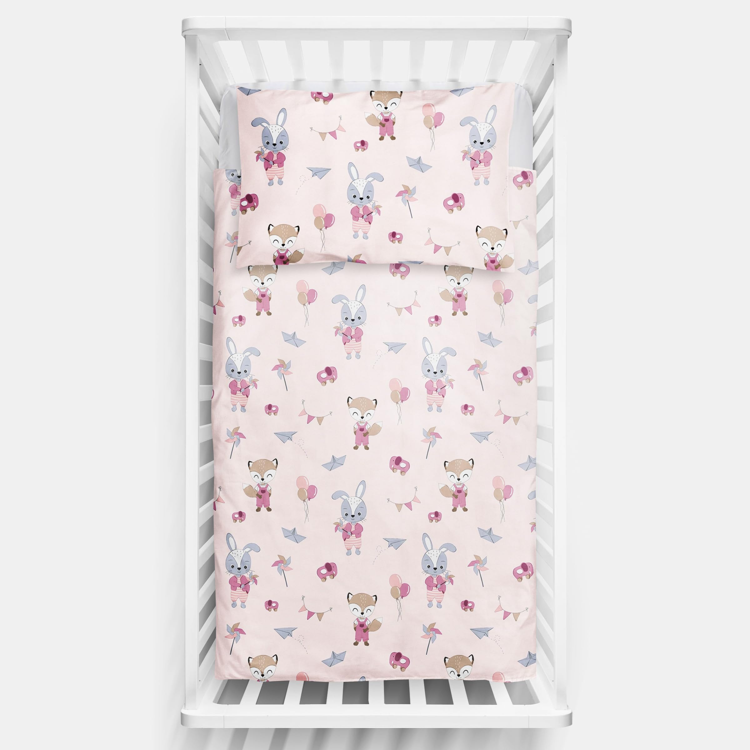 2 Piece Baby Kids Bedding Set 120x90 cm Duvet Cover & Pillowcase for Toddler Cot 12M+ (Foxes and Rabbits)